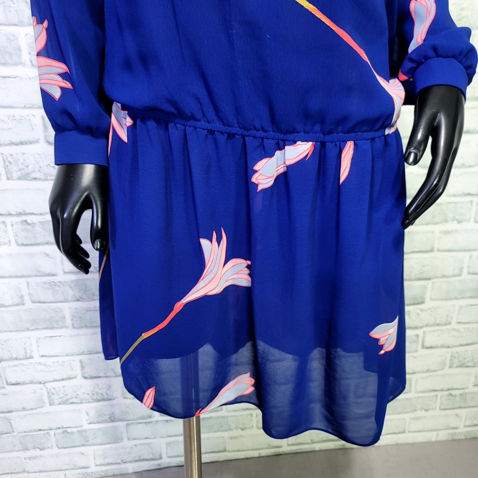 Vintage 70s Malibu Media California Womens M Blue Sheer Floral Drop Waist Dress