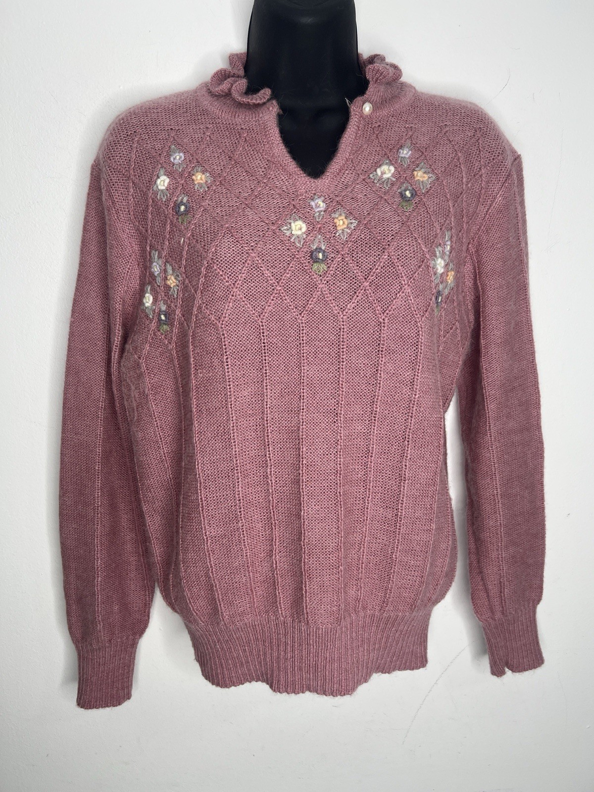 Vintage Floral Pink Grannycore Glamour Knit Sweater Women’s Tag Size Large