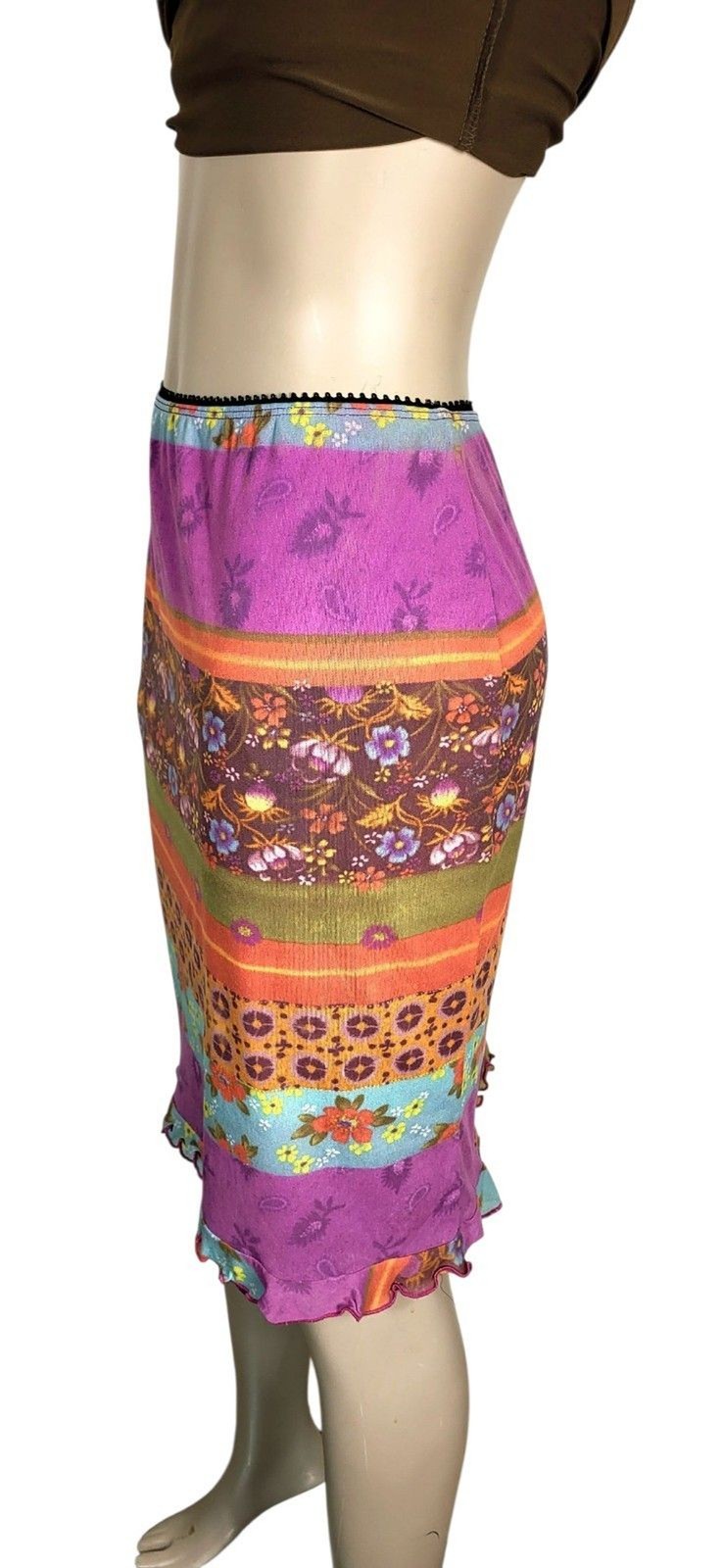 Vintage 90s Y2K Maria Bonita Mixed Media Colorful Ruffle Hem Pencil Skirt S/M