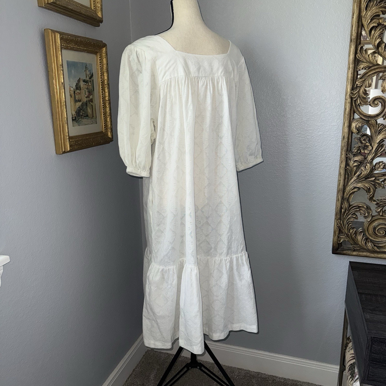 Vintage 80s White Prairie Dress Boho Farmhouse Lace Soft Girl Medium Periphery
