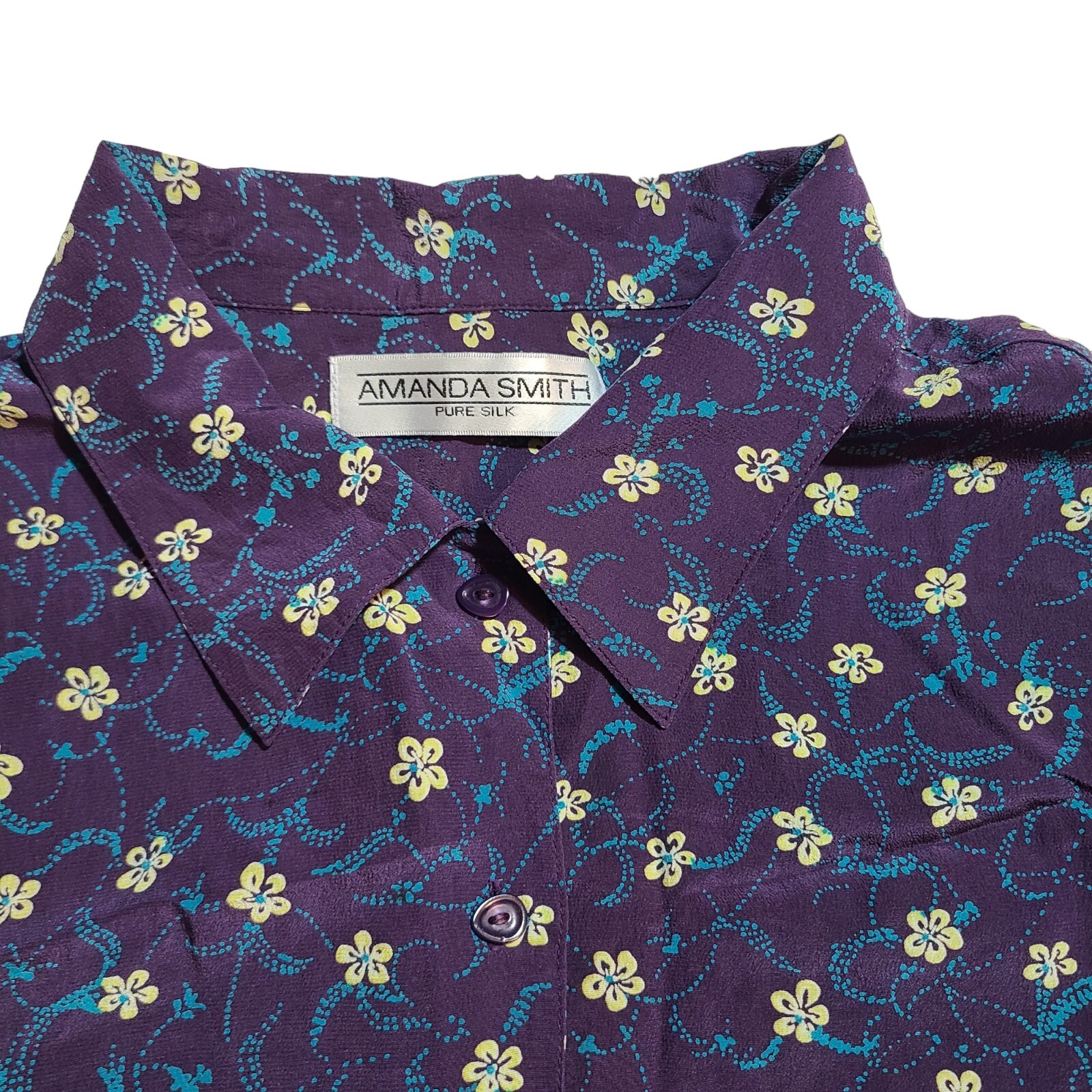 Vintage Amanda Smith Pure Silk Purple Blue Yellow Flowal Shirt Size 14