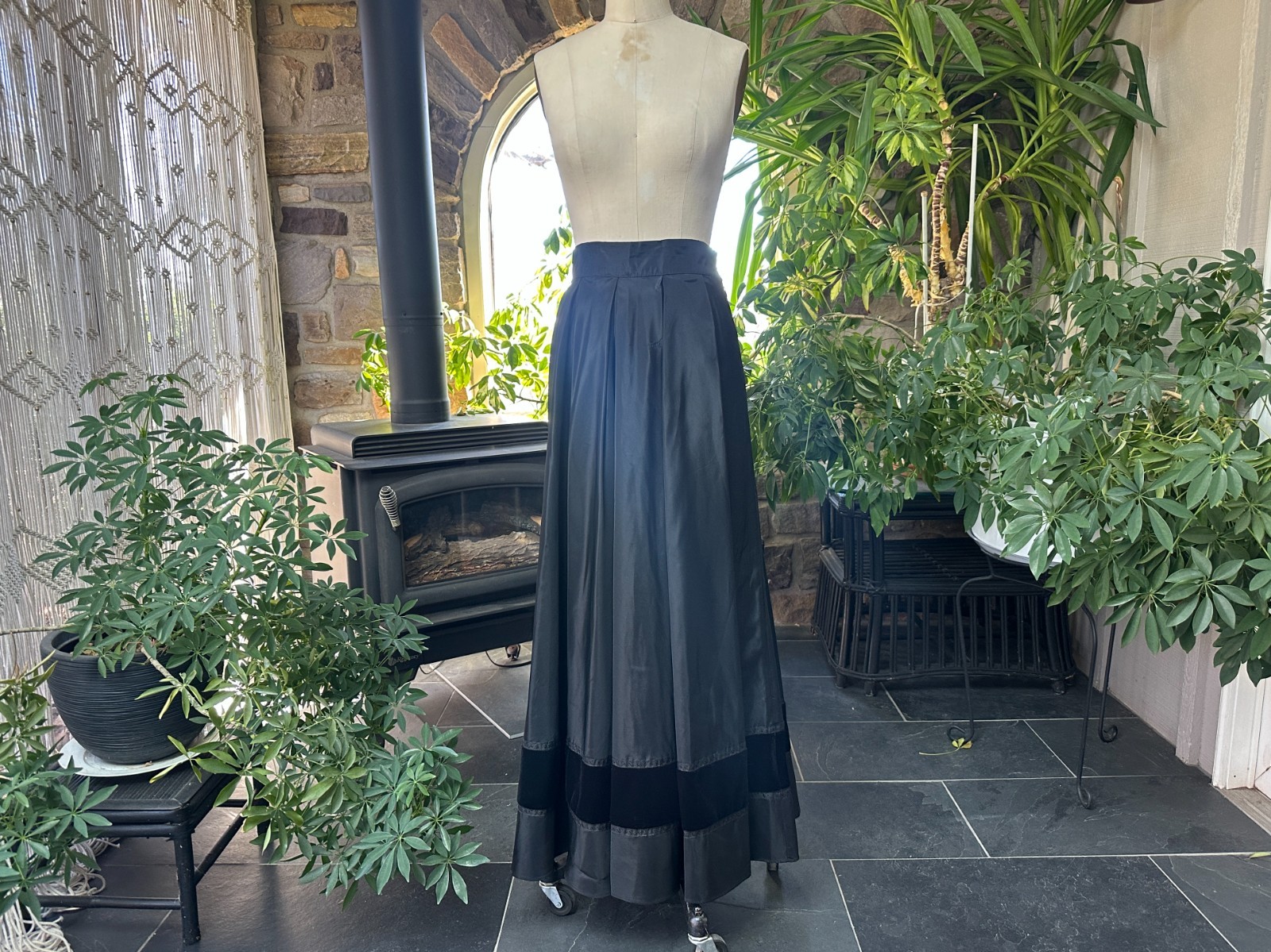 Vintage 1990s Black Acetate and Velvet Maxi Skirt Bianca Nygard Canada