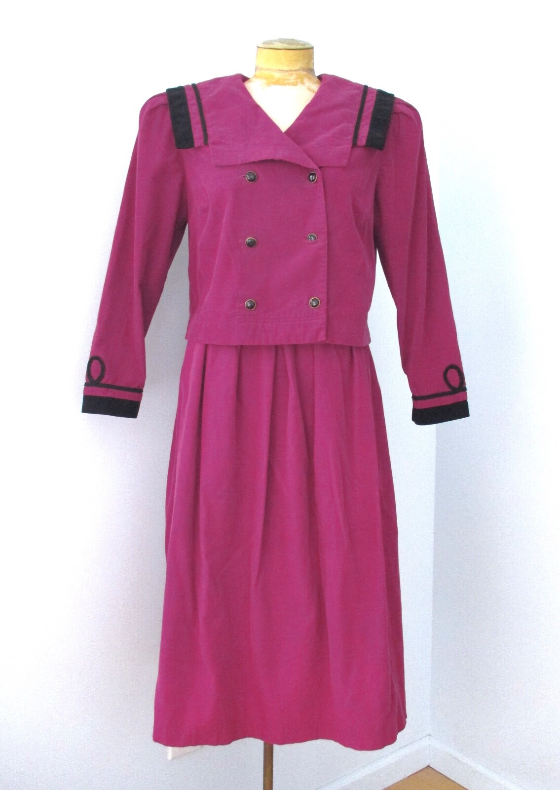 Vtg 80s Purple Corduroy 2-Pc Skirt Top Sailor Suit Huge Shoulders Black Trim 14W