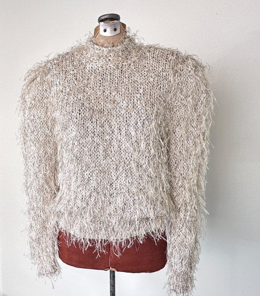 Estelle Womens Crochet Sweater Size Medium Vintage Fuzzy Beige Fringe Sweater