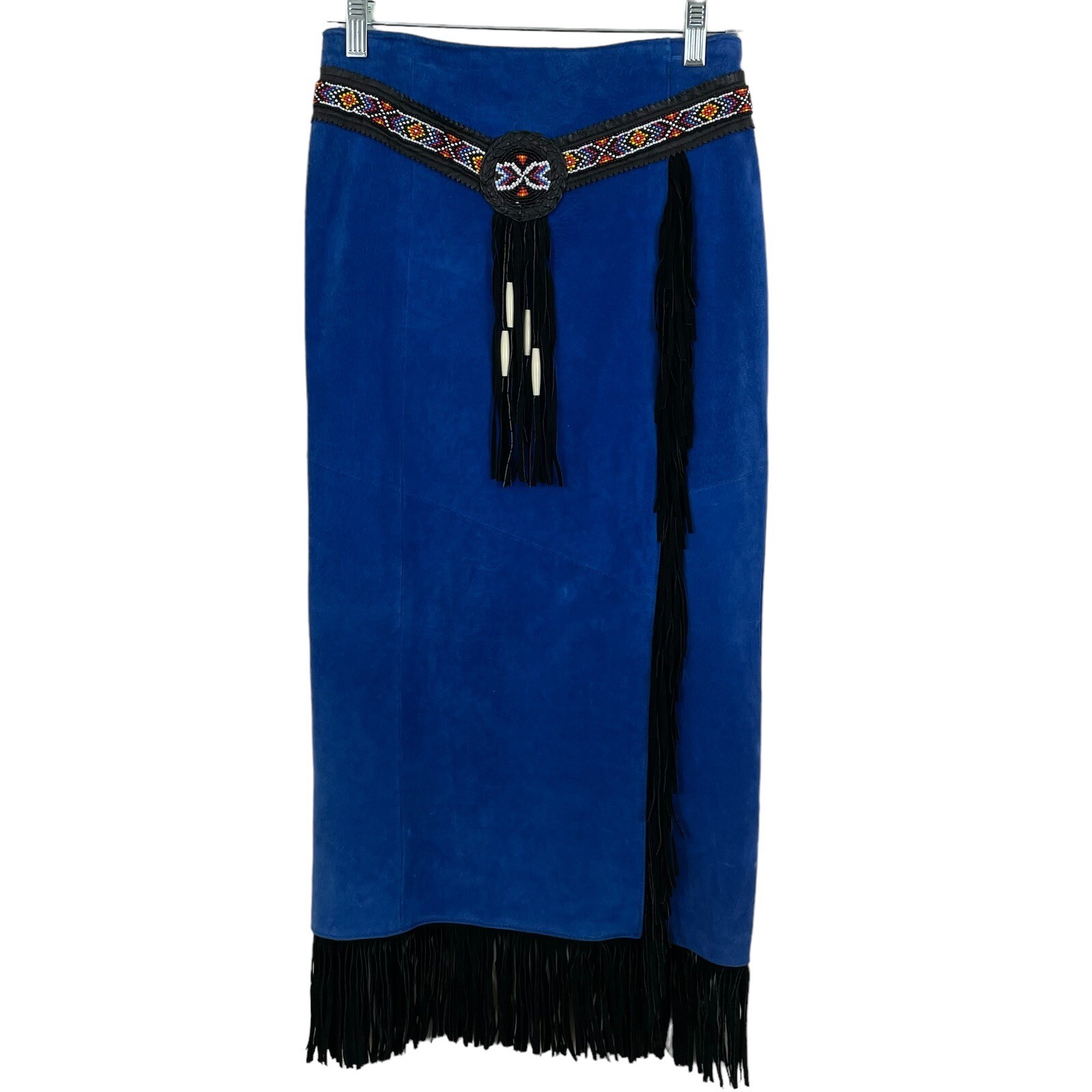 VTG 80s Western Phoenix Frontier Fringe Jacket Skirt S/M Blue Suede Bead Outfit