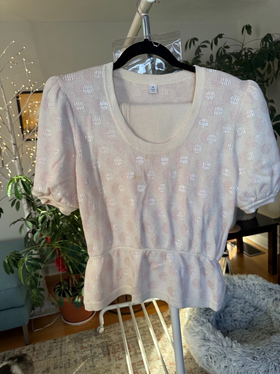 St. John knit set – cream and pink sweater skirt and peplum top set w/ belt