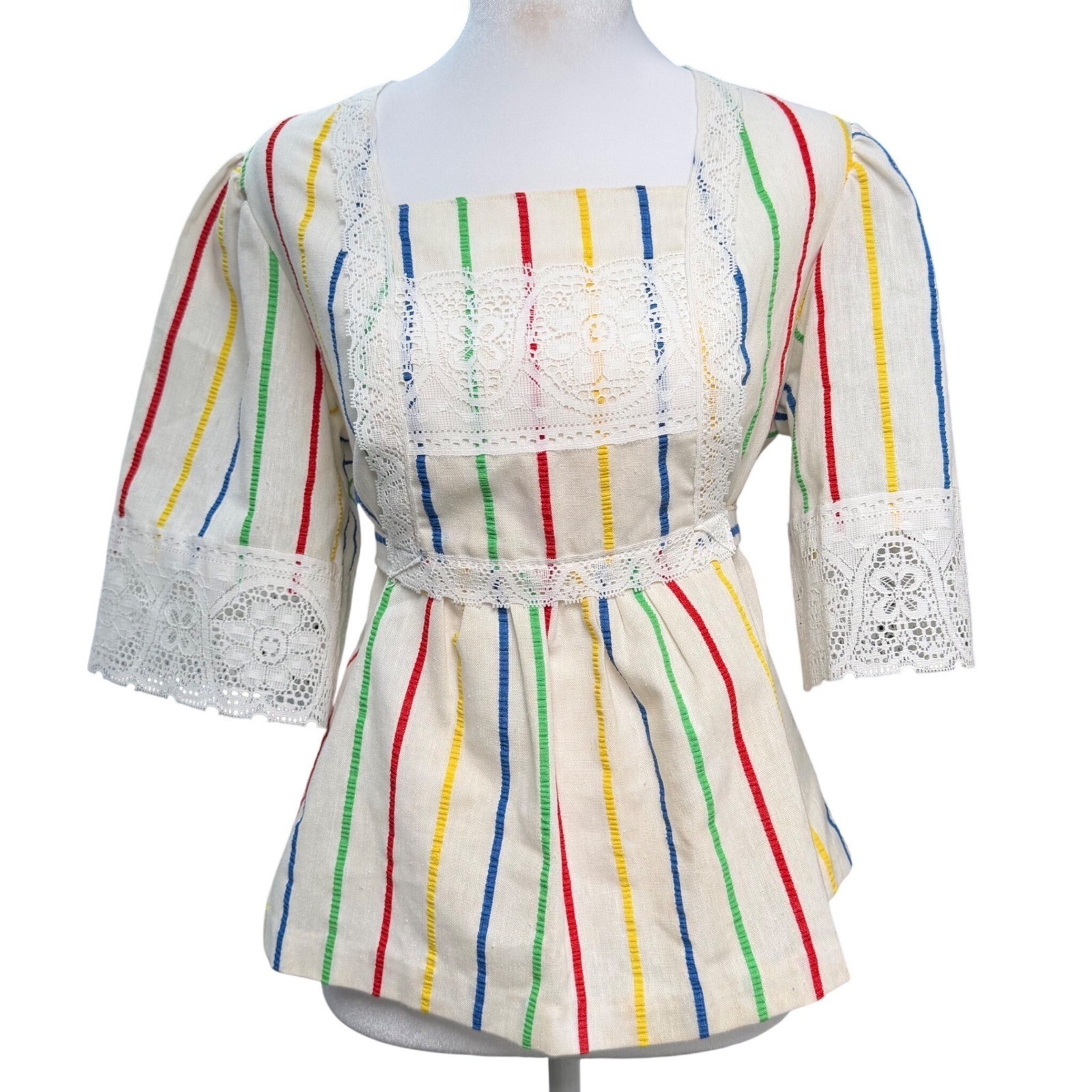 NWT Vintage 70s Sears Lace Boho Prairie Medium Blouse Peasant Rainbow Stripes