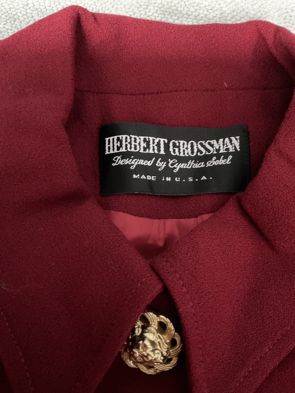 Herbert Grossman Vintage 1989s Red Skirt Suit Ornate Gold Butttons Size 8