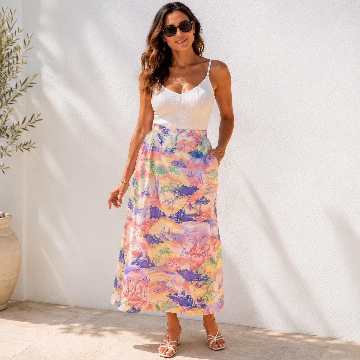 Vintage Bushwacker Scenic Harbor Sailboat Palm Tree Midi Skirt Women’s 12 Lined