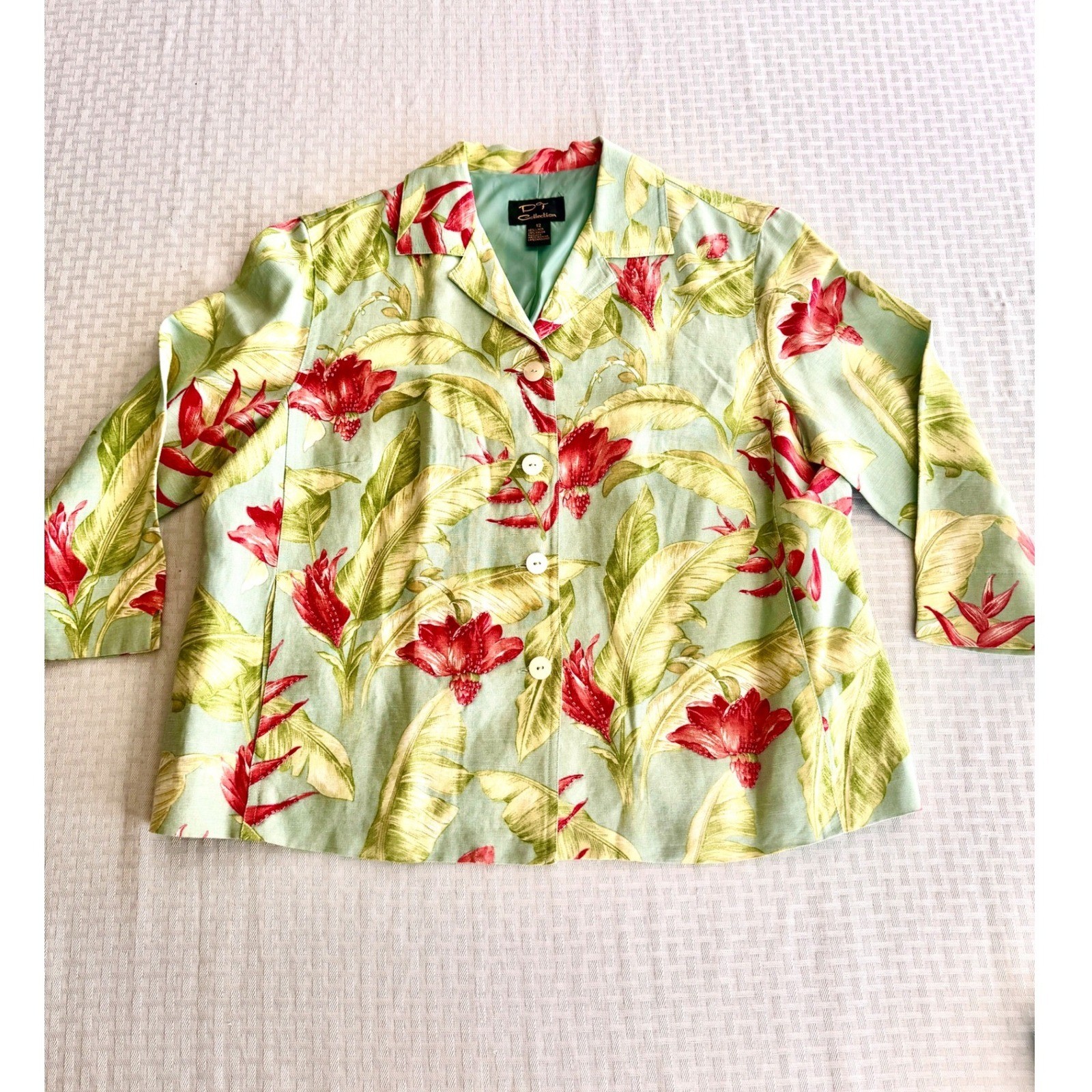 Rafael PT Collection Tropical Floral Linen Skirt Set Green Red Size 12 Vintage