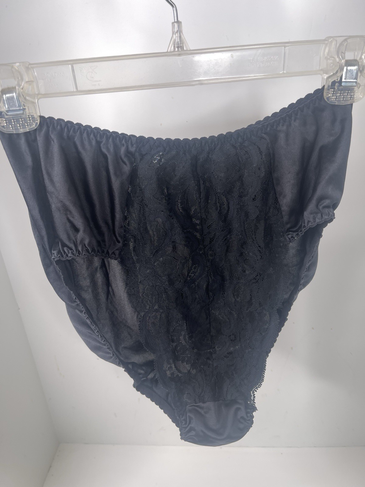 Vintage Olga Sheer Lace HI-CUT Panties #23107 black L Lacy Nylon Cotton 90s