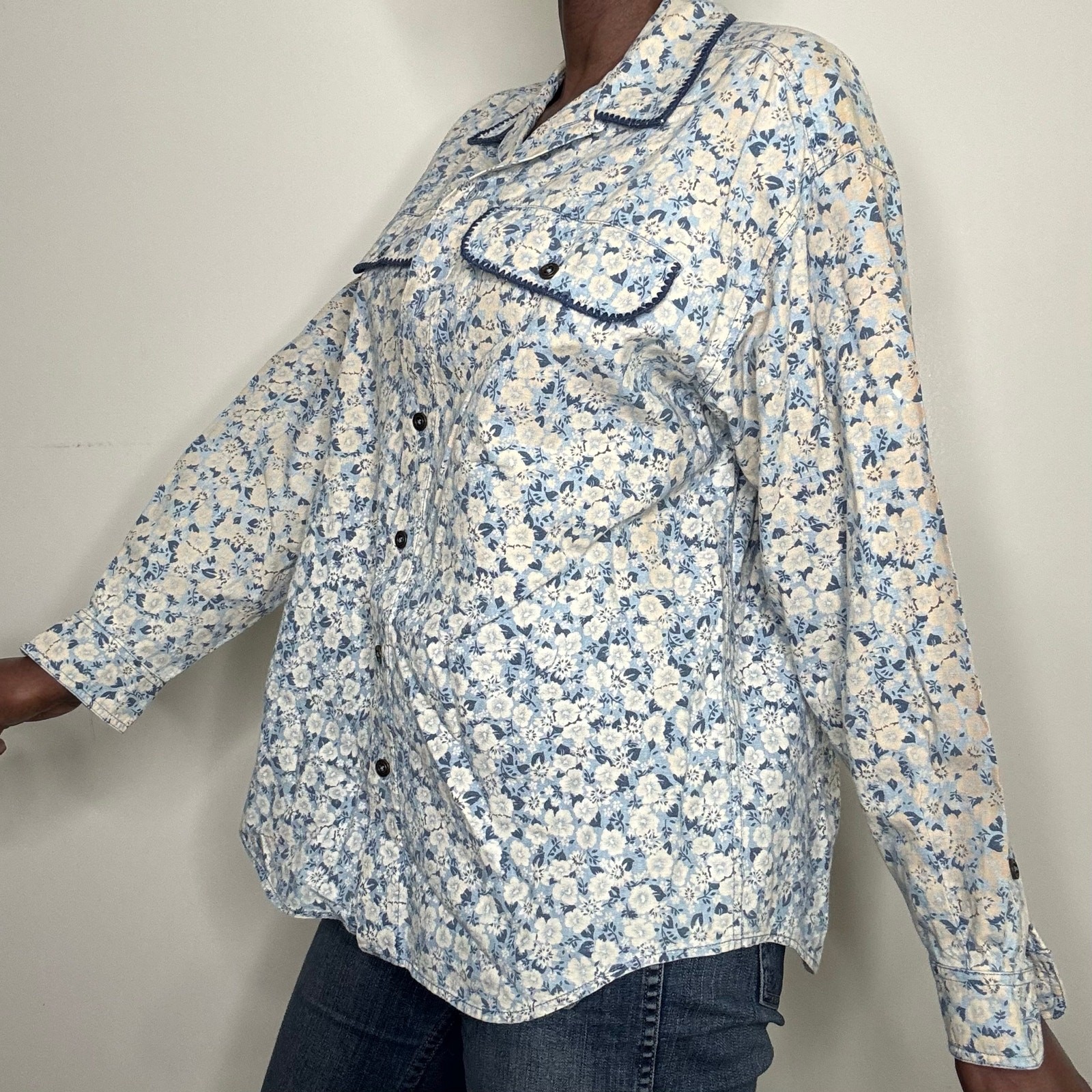 VTG 80s 90s LizWear Cottagecore Floral Cotton Button up Blouse Size Medium