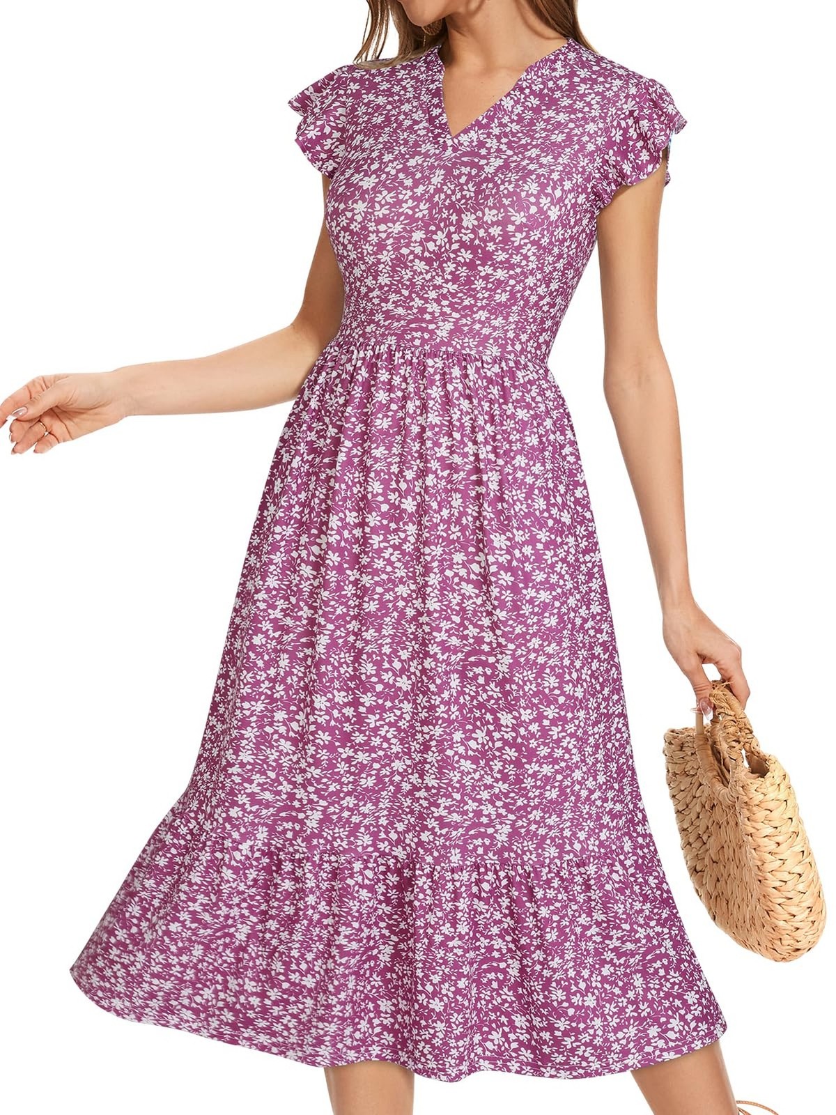 YIOYOLA Midi Dresses for Women 2026 Casual with Pockets Ruffle Sleeve Notched…