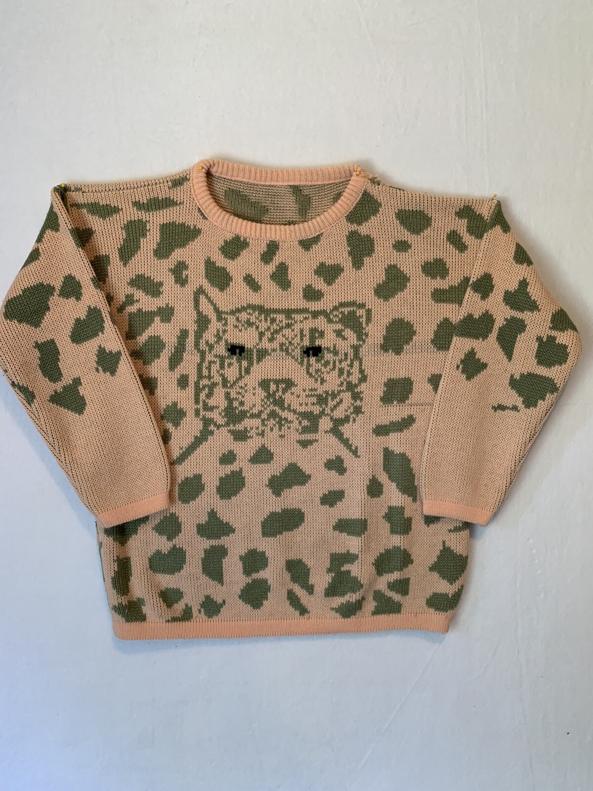 Vintage 80s Precious Knits Leopard Sweater Long Sleeve Pink Green Unmarked FLAW