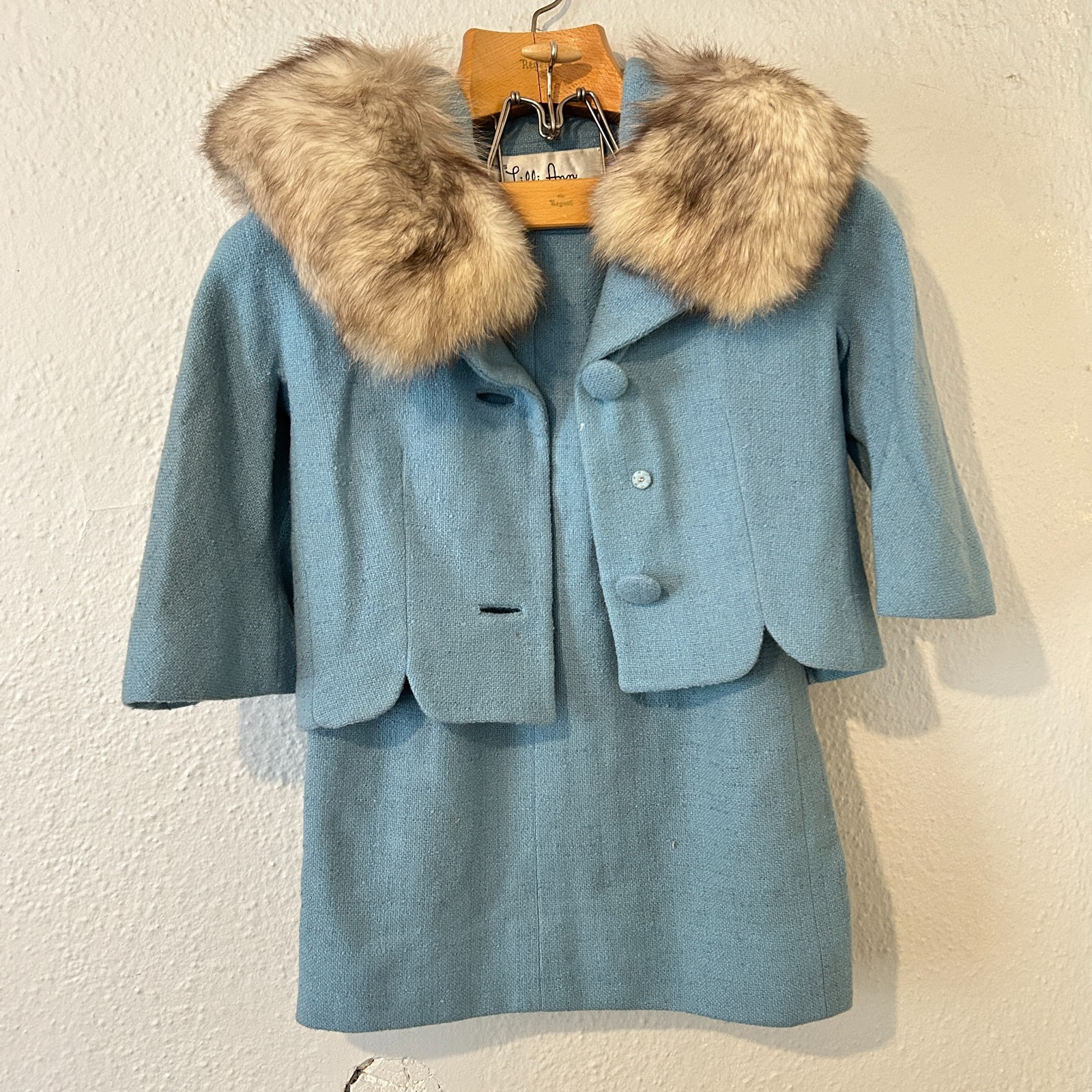 1960s Lilli Ann Wool Boucle Jacket Pencil Skirt Fox Fur Trim Collar Blue Wool
