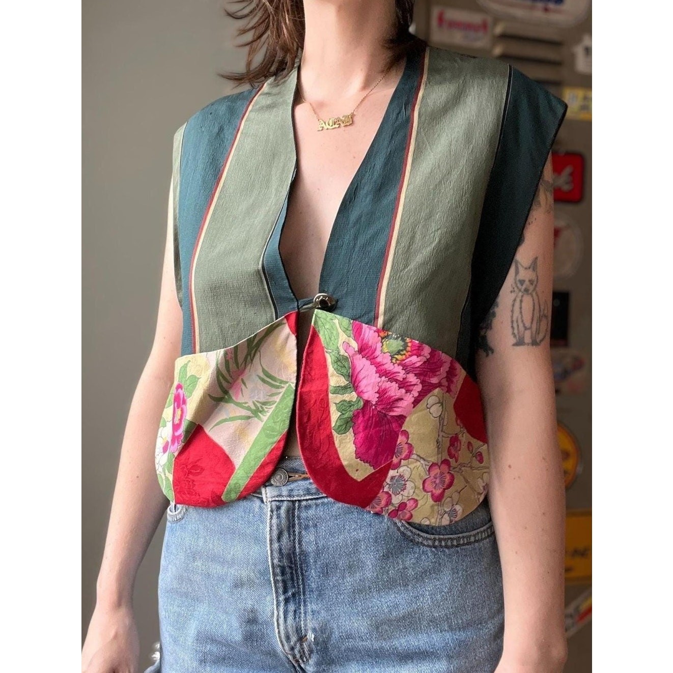 Vintage 90s Silk Patchwork Vest | Floral Brocade Crop | Artwear Festival Top | M