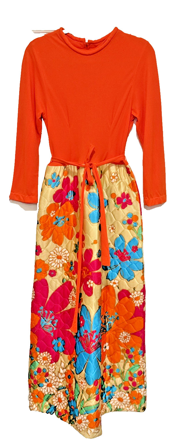 Vintage 1960s Orange Flower Power Quilted Hostess Maxi Dress Lounger Size 16