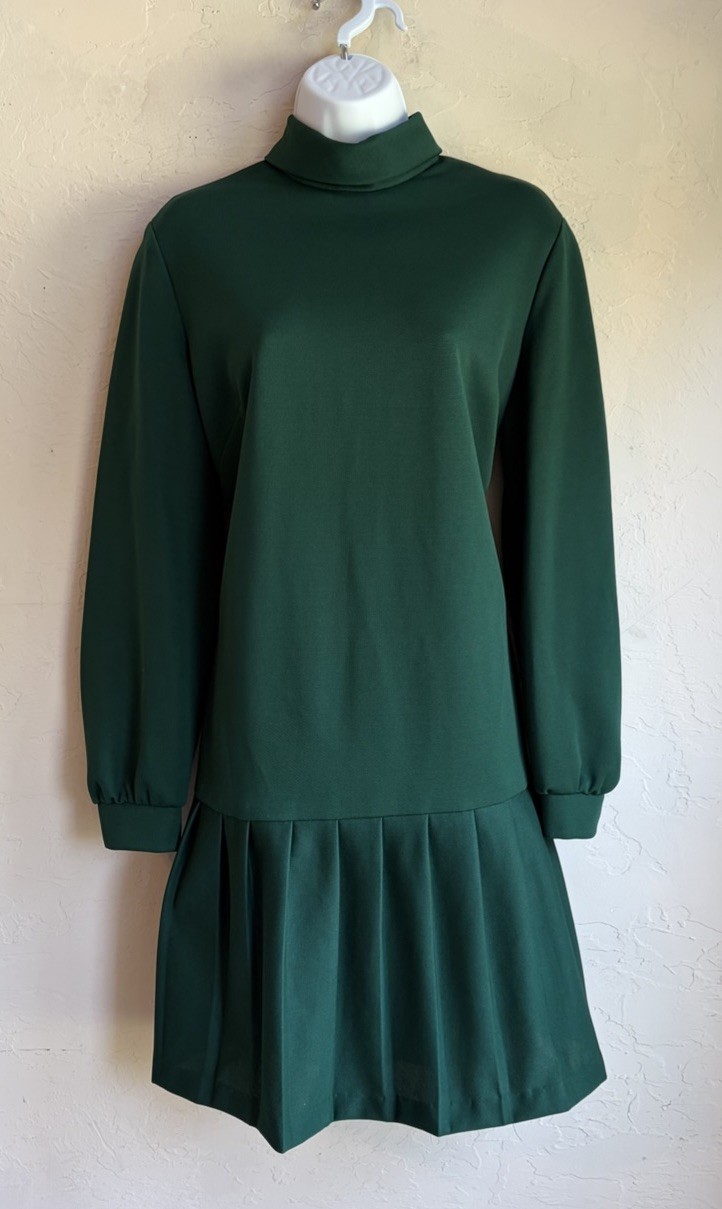 Vintage 60s 70s First Edition Mod Drop Waist Pleated Dress 18 Green Preppy Retro