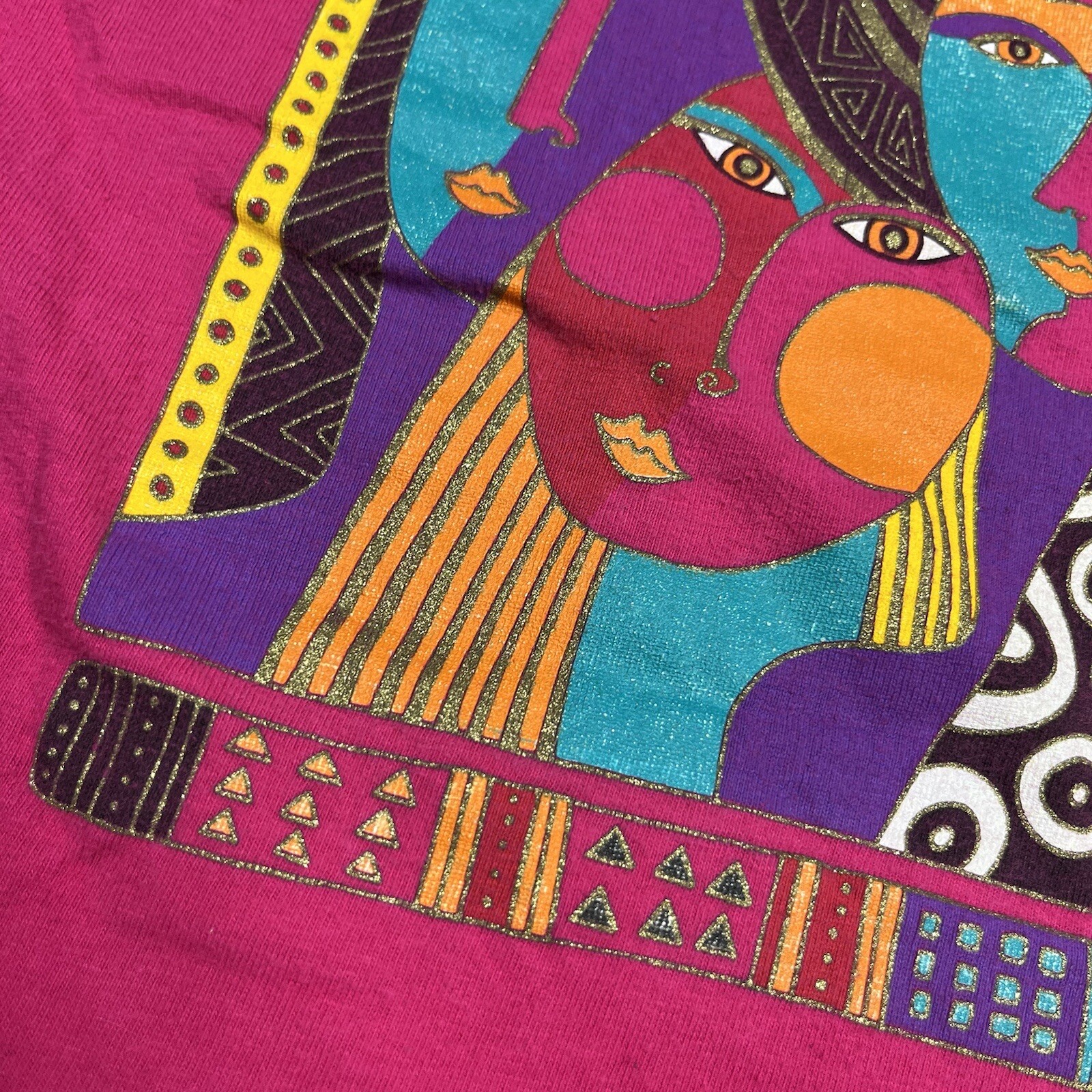Vintage Laurel Burch Woman Spirit Pink Glitter Art To Wear T Shirt