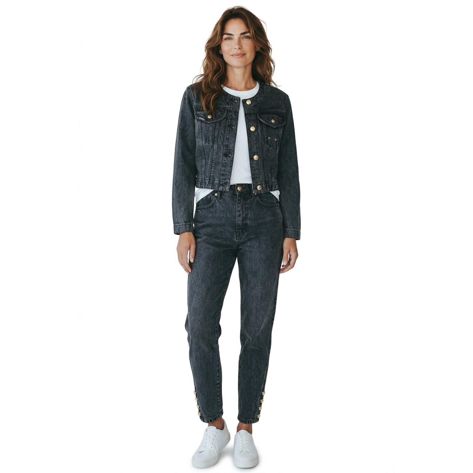 Vintage Jordache Gold Black Denim Set Cropped Jacket High Waist Jeans 2pc S 5/6