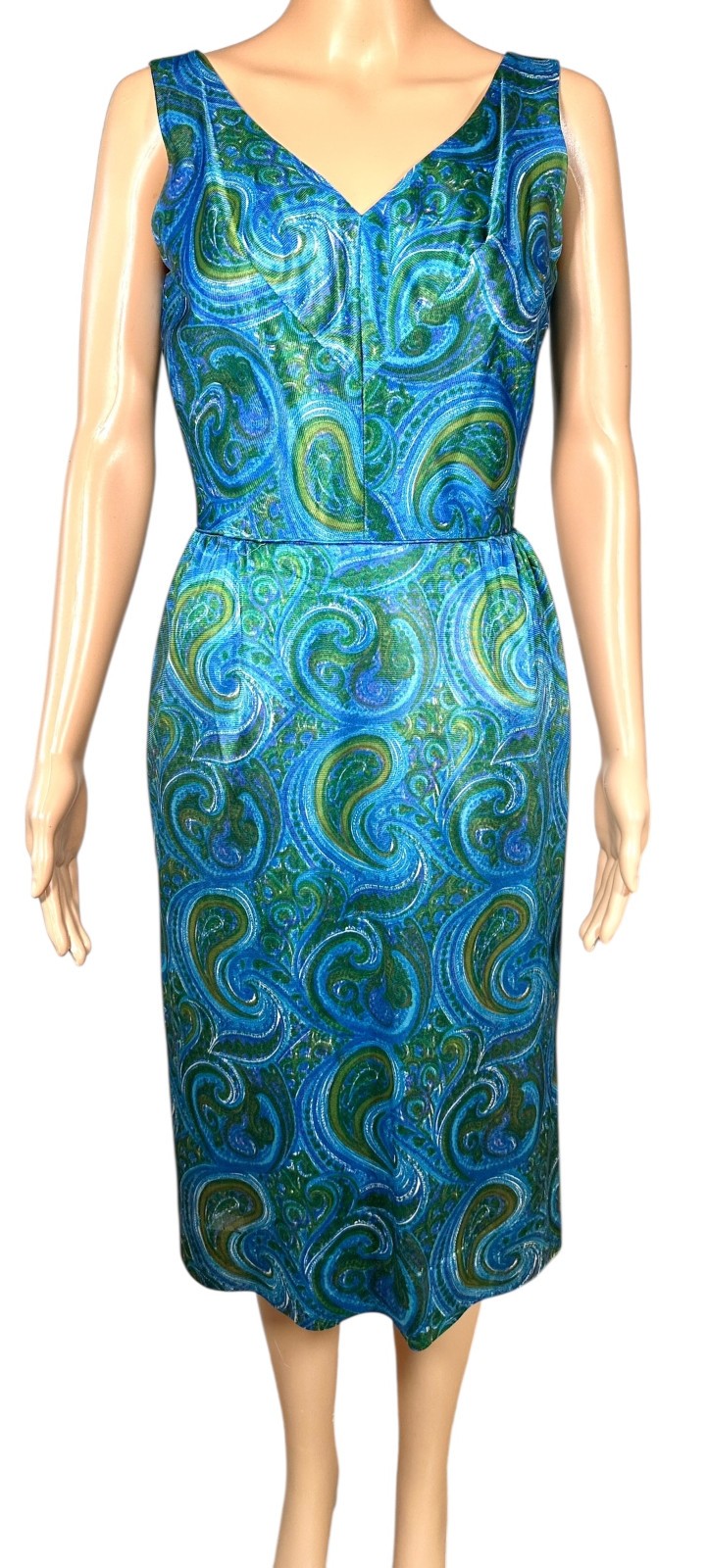 Vintage 1960s Selma Washington DC Blue Green Paisley 2 Pc Dress Top Set Sz 6 S
