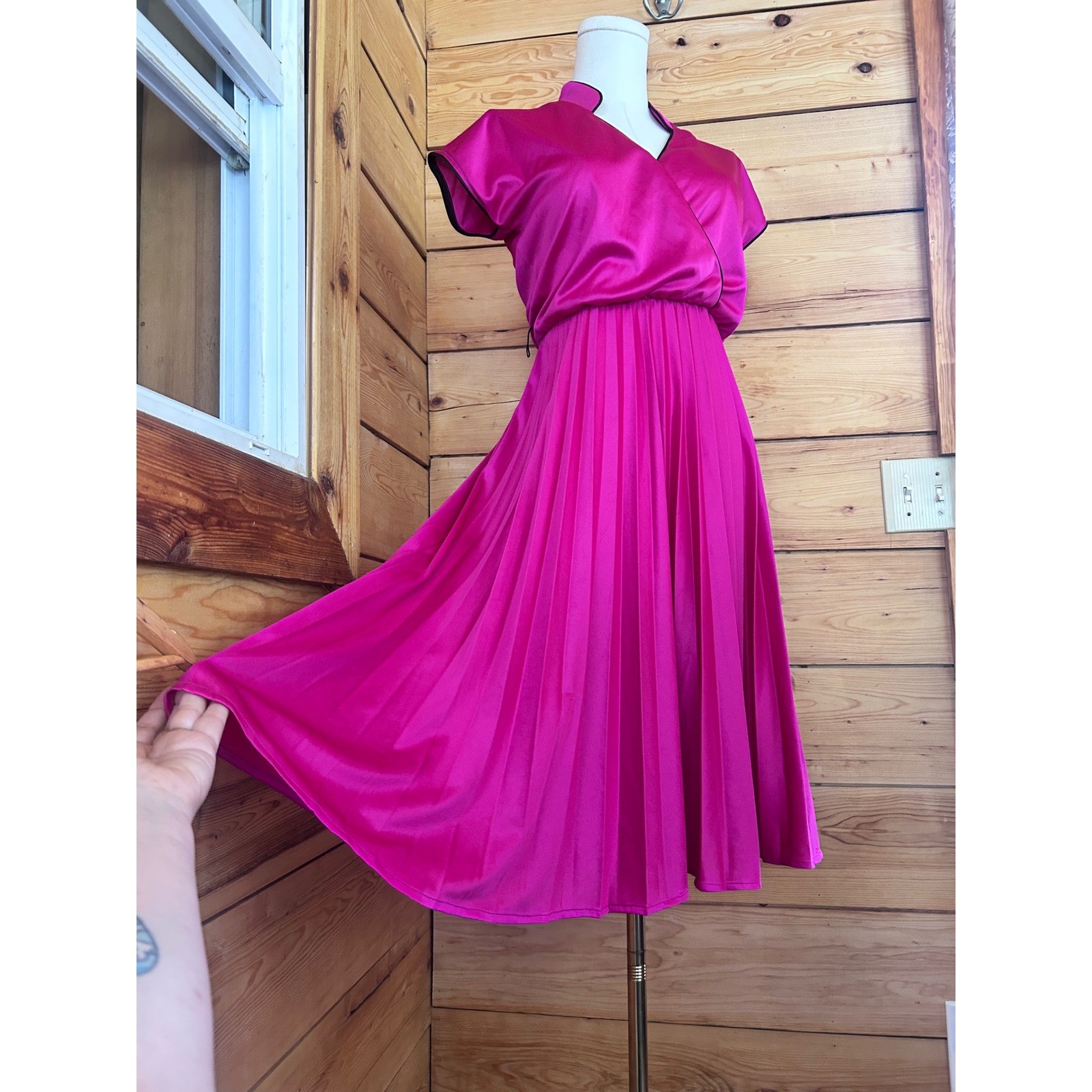 Vintage Magenta Satin Dress Medium Hot Pink Pleated Midi Joyce Palmer Asian Y2K