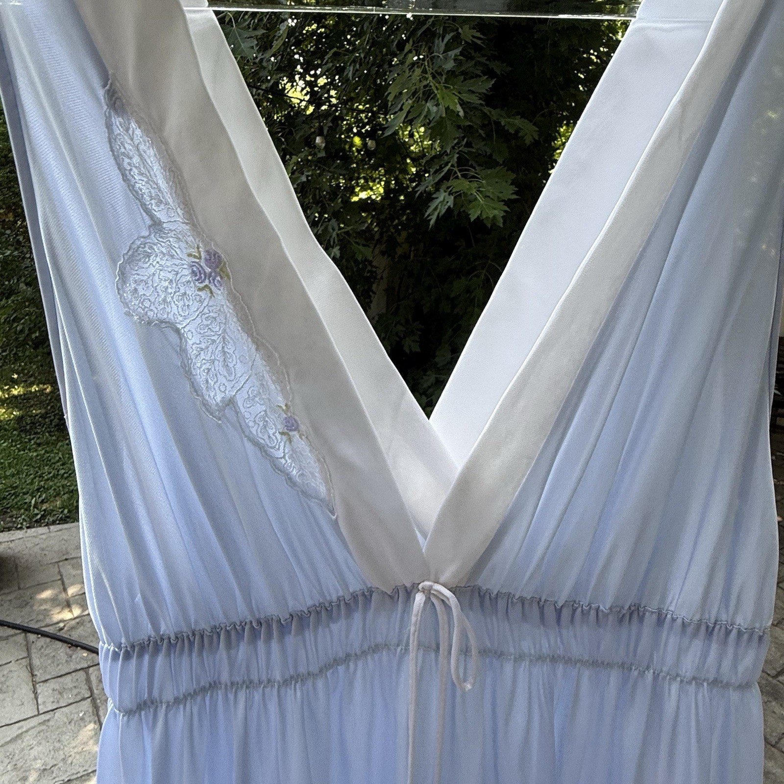 Vintage Light Blue Nylon Nightgown Lace Embroidered Maxi Gown USA Union Made L