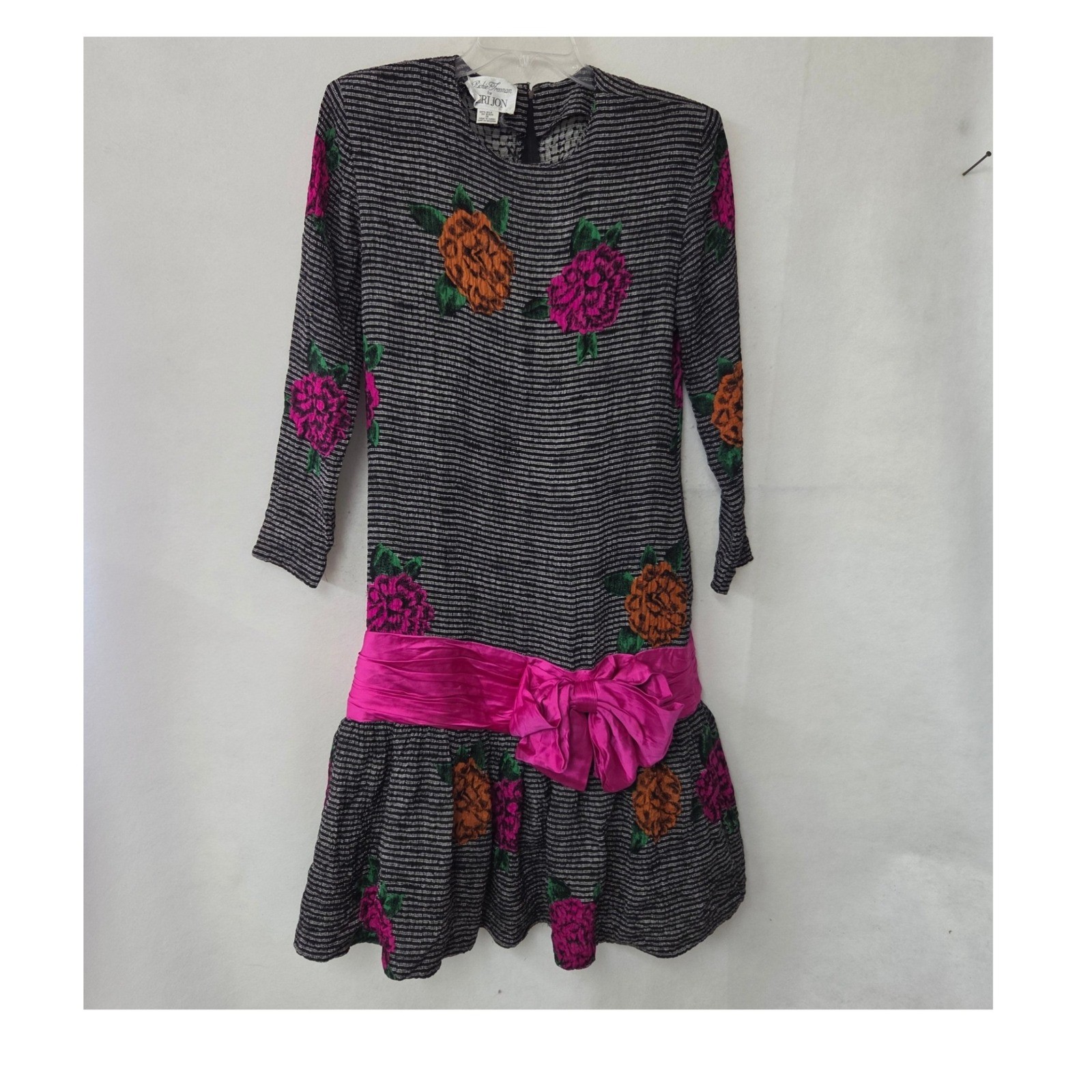 Richie Freeman for Teri Jon Dress Women 12 Black Pink Silk Floral Drop Waist Bow