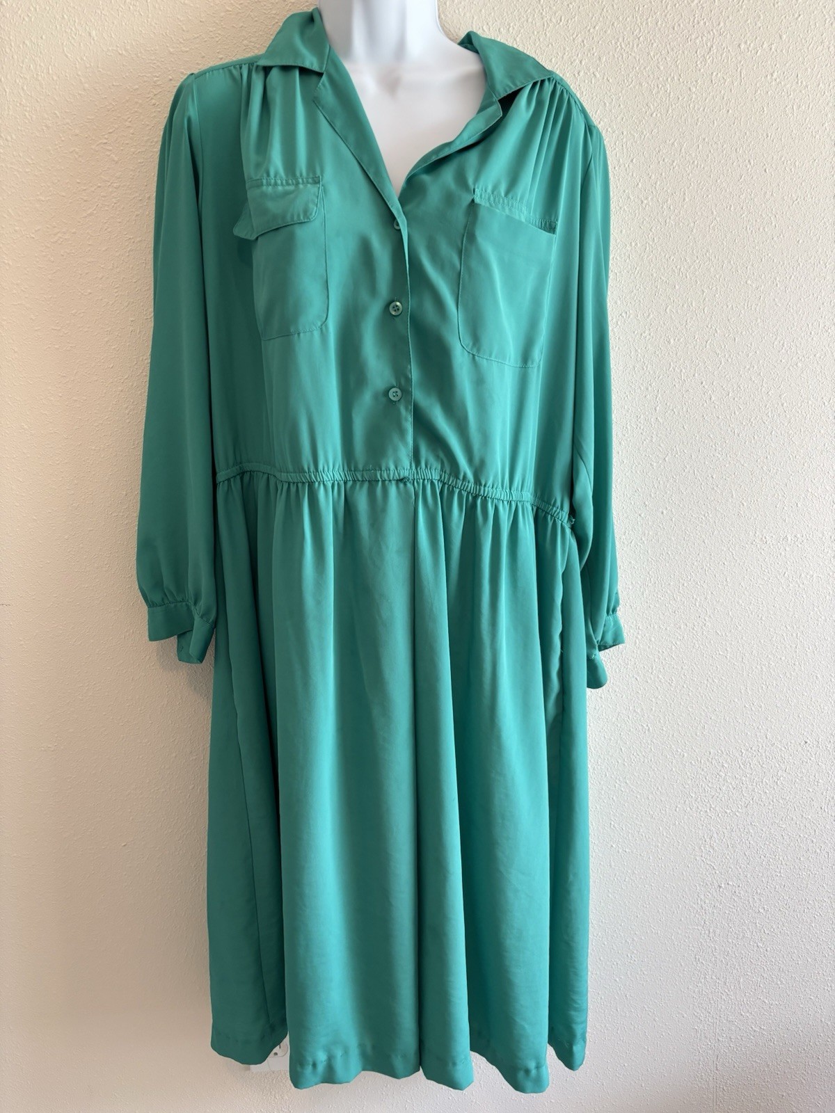 Vintage Andrea Gayle Petites Teal Green Button Front Midi Dress 14P Secretary