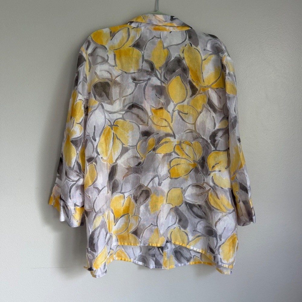 Vintage Yellow Grey Floral Burnout Sheer Button Up Blouse 24W 3/4 Sleeve