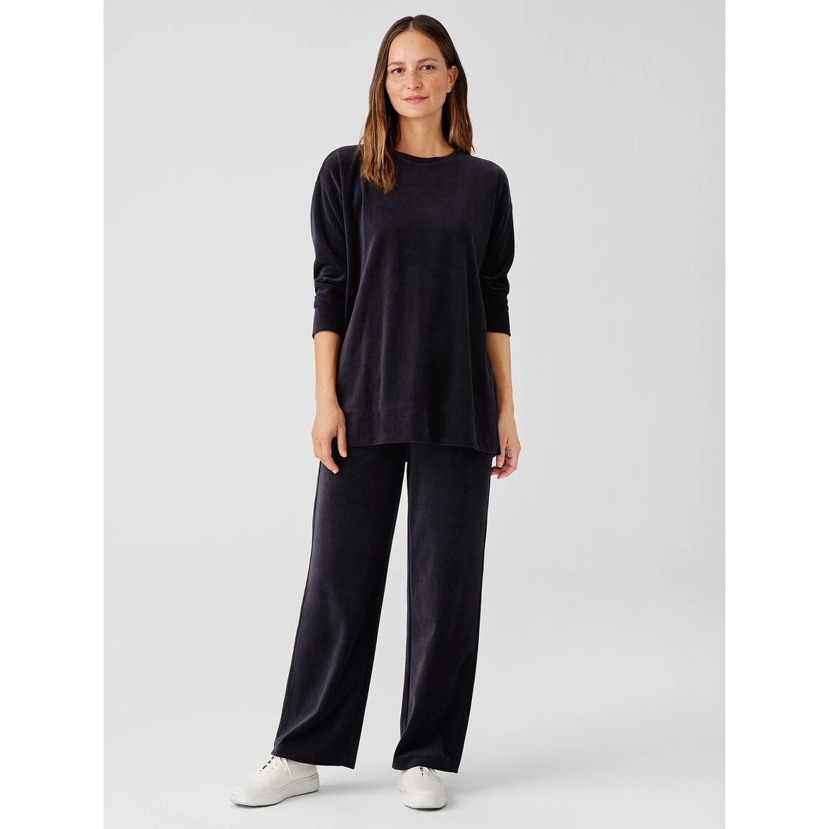 Eileen Fisher Velour Crew Neck Size M Black Organic Cotton Oversized Plush Cozy