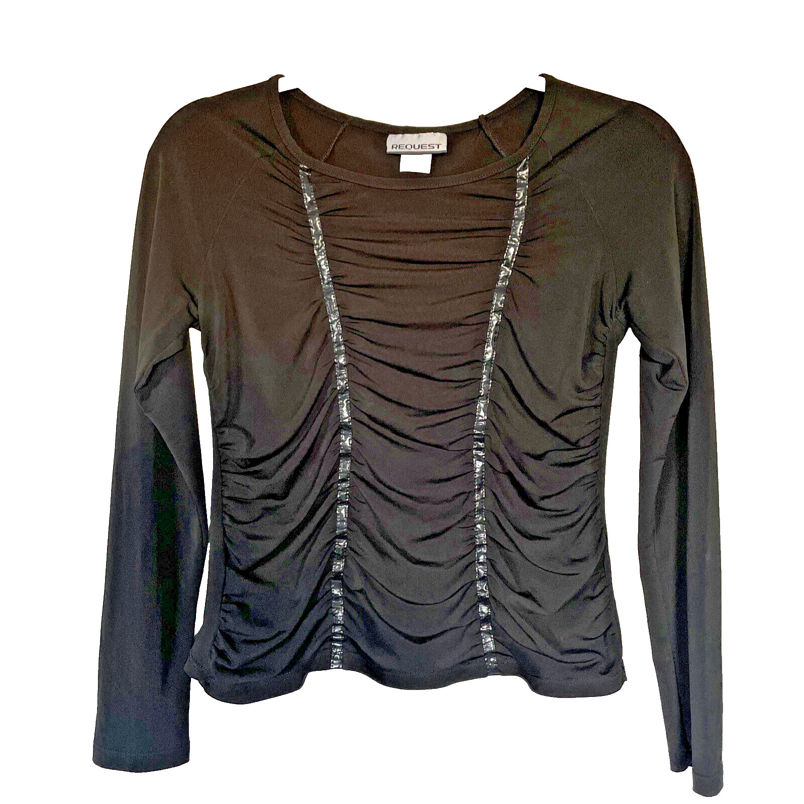 Y2K vtg 90s REQUEST Black Vinyl PVC Mall Goth Ruched L/S Top Blouse Punk Goth S