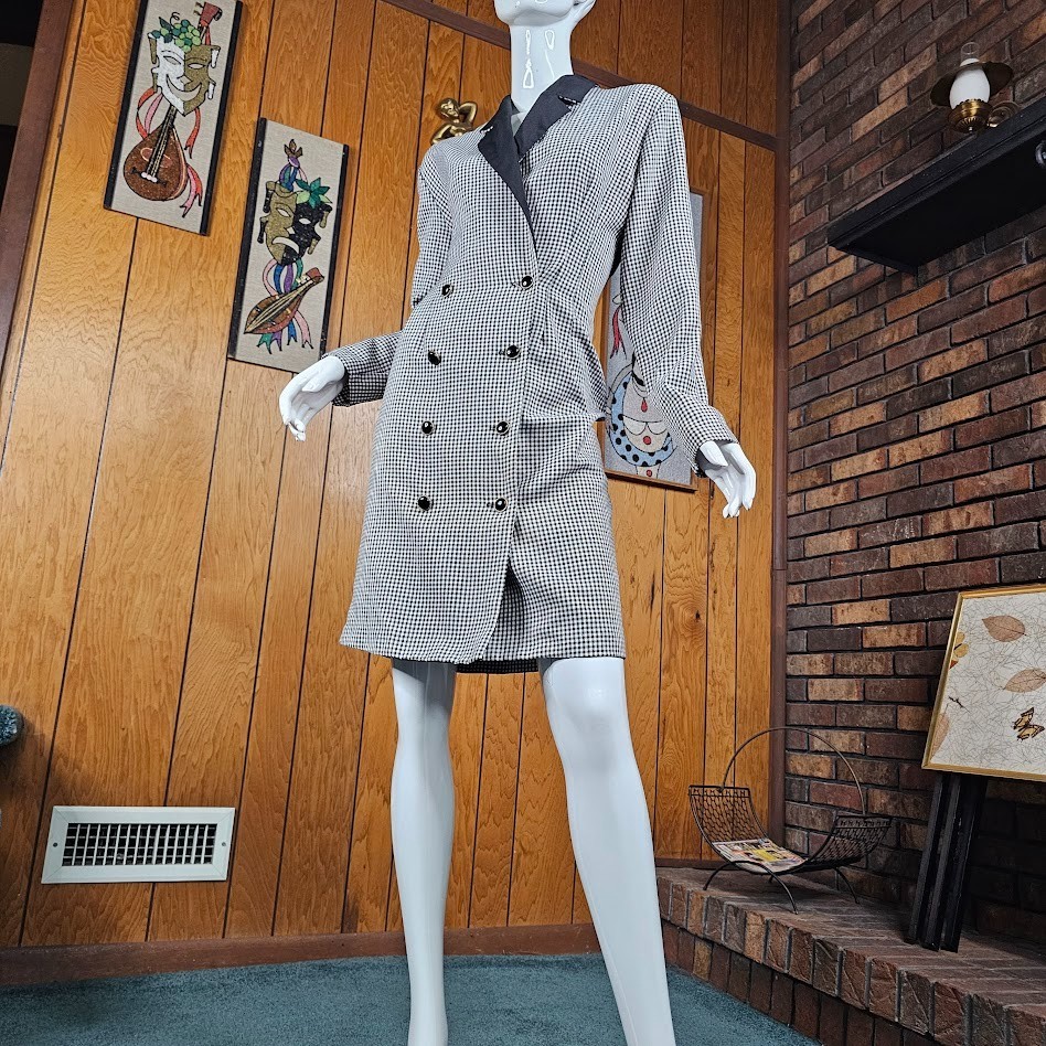 Vtg 80s Power Suit Sexy Secretary Double Breasted Houndstooth Blazer Dress M/L