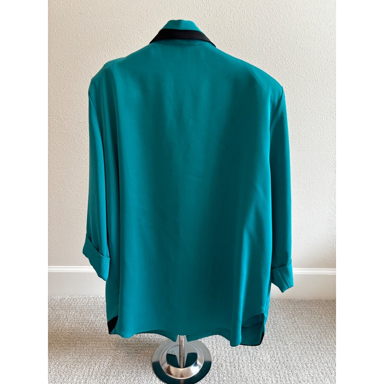 Vintage 90s Reina NY Colorblock Blouse L Teal Black Secretary Minimalist