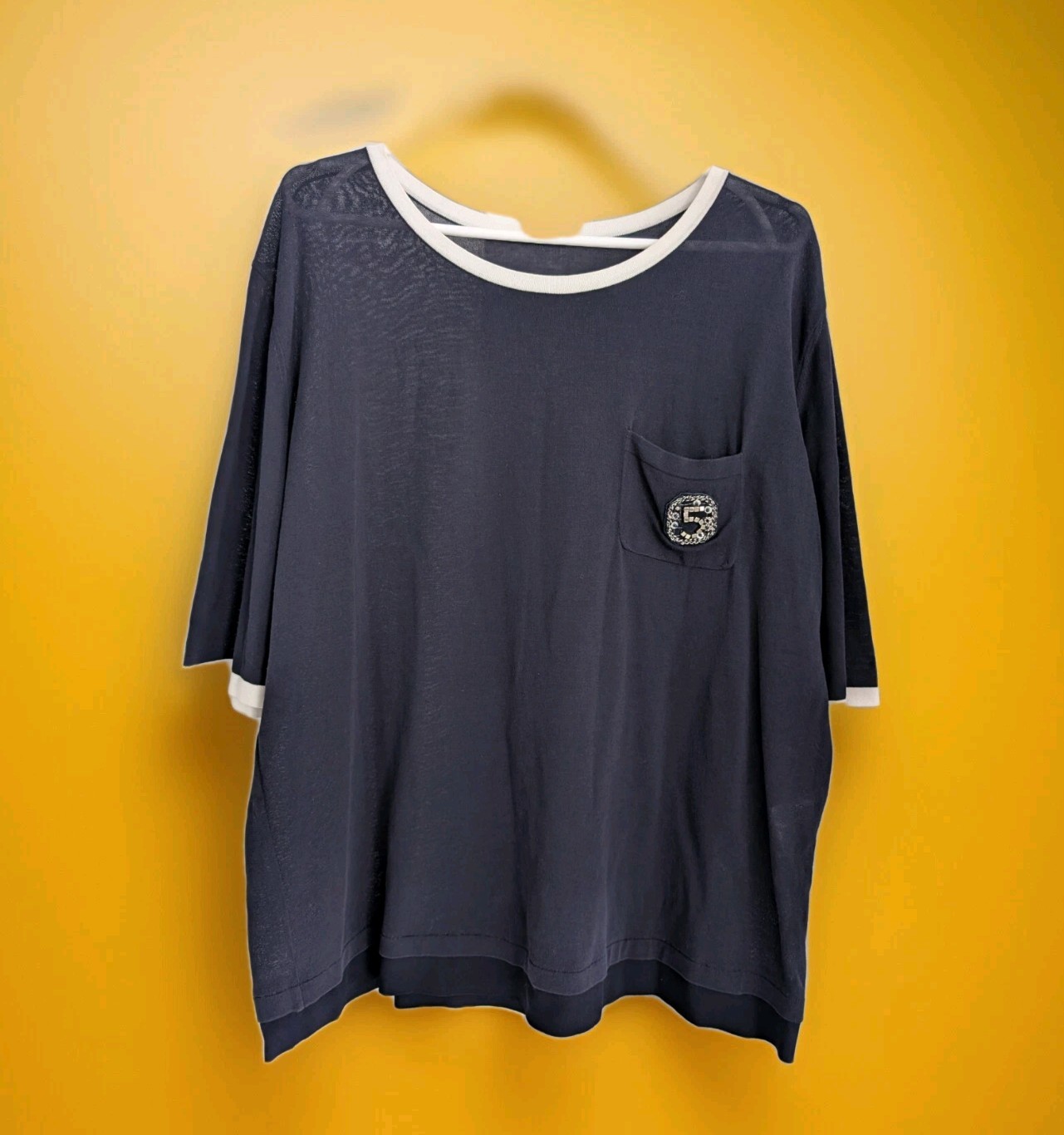 Chanel No 5 Embellished Logo Navy Silk Viscose Blouse Top T-Shirt Oversized 2XL