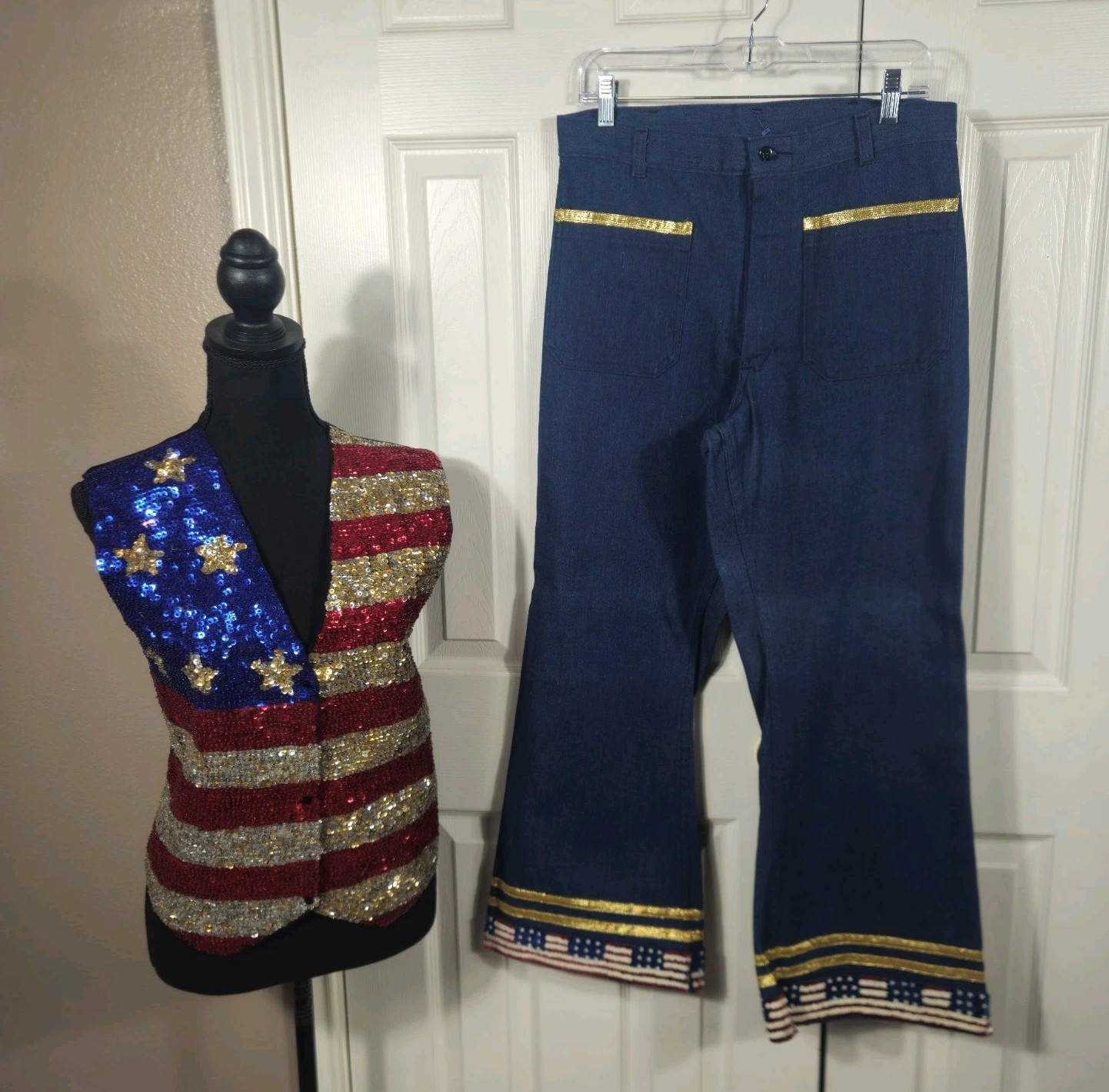 American Flag Vtg US NAVY Embellished Dungarees 31×30 Red White & Blue Patriotic