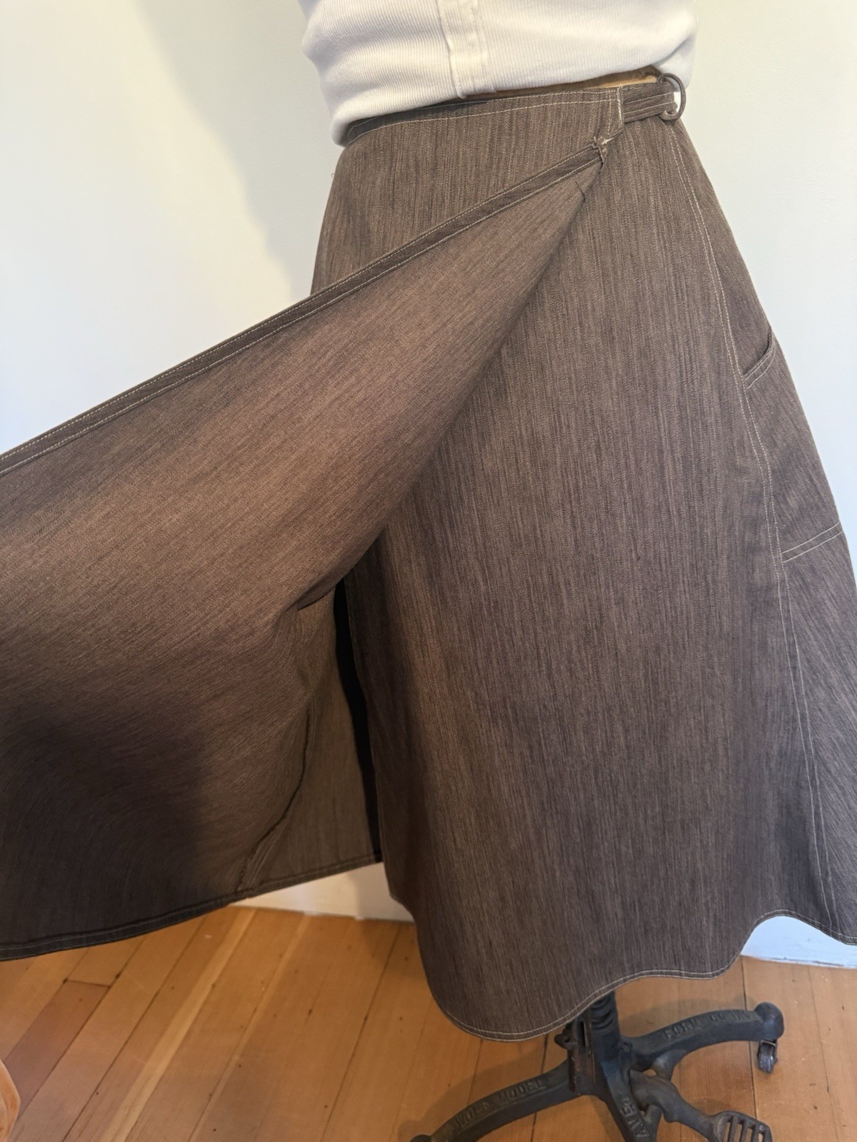 Vintage 70’s A-Line Midi Wrap Utility Skirt Patch Pocket Contrast Stitch S/M