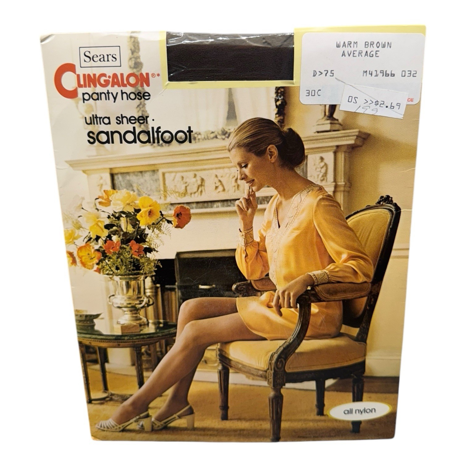 Vintage Sears Cling-alon Pantyhose Ultra Sheer Average Warm Brown Sandalfoot