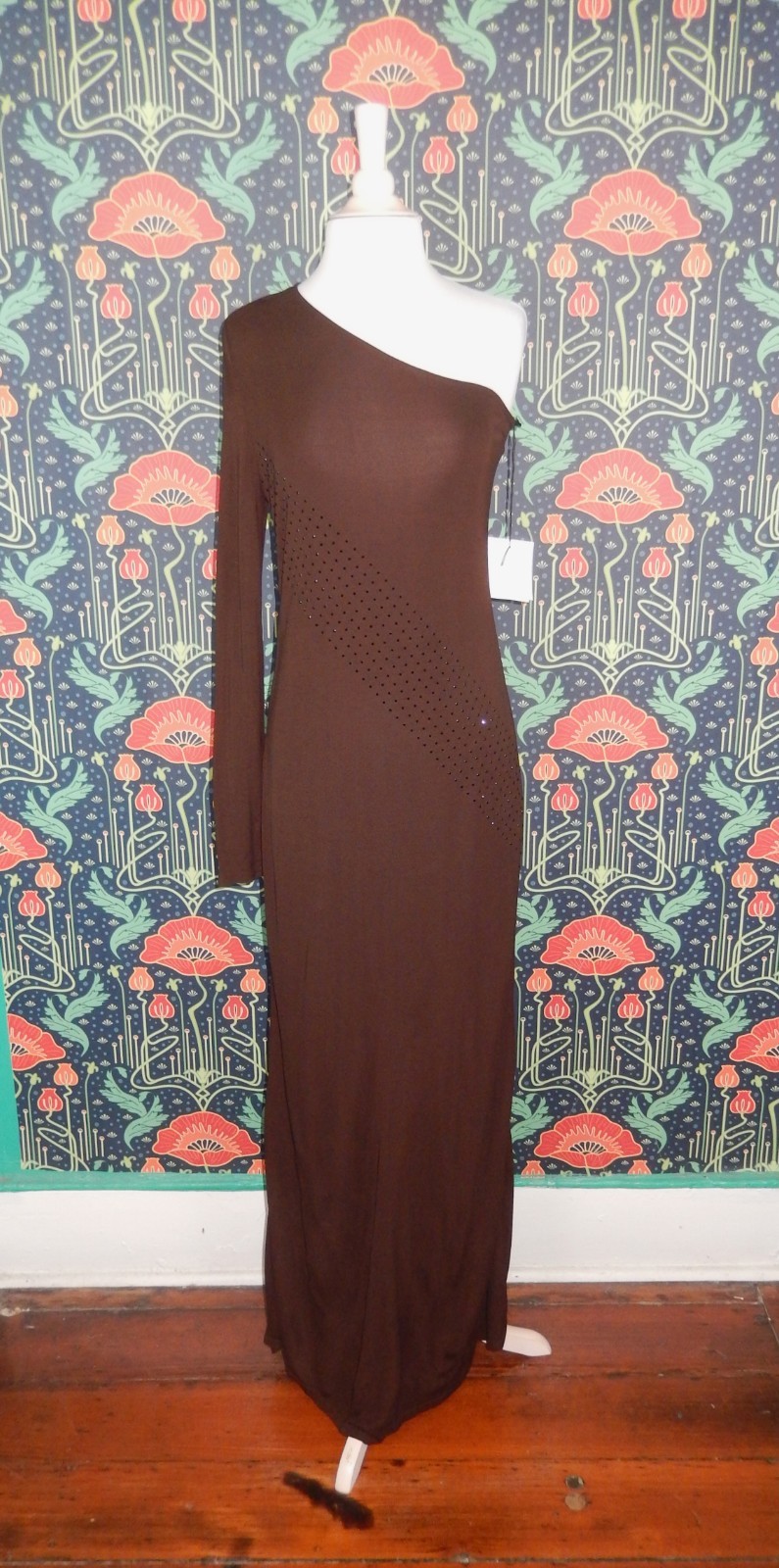 Vintage Y2K Chocolate Brown One Sleeve Shoulder Crystal Maxi Cocktail Dress