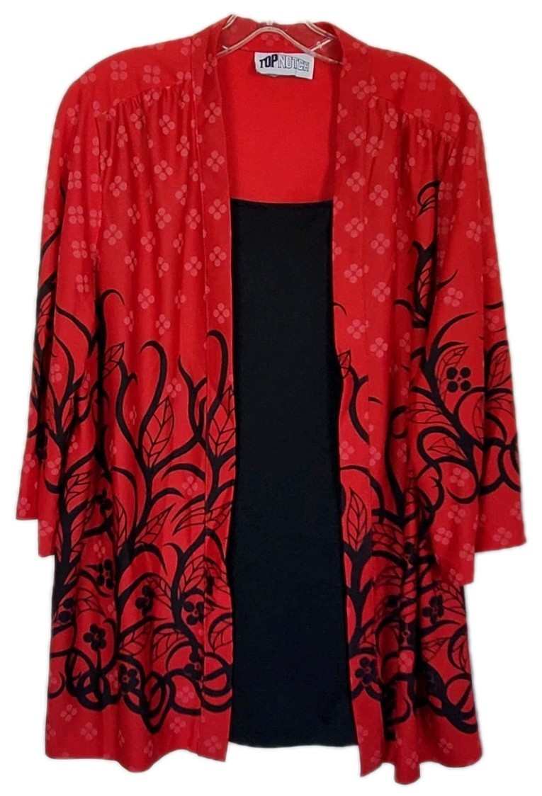 Vintage Top Notch Red Floral Vines Vibrant Blouse Plus Size 18/ 1x Stretch 2Fer