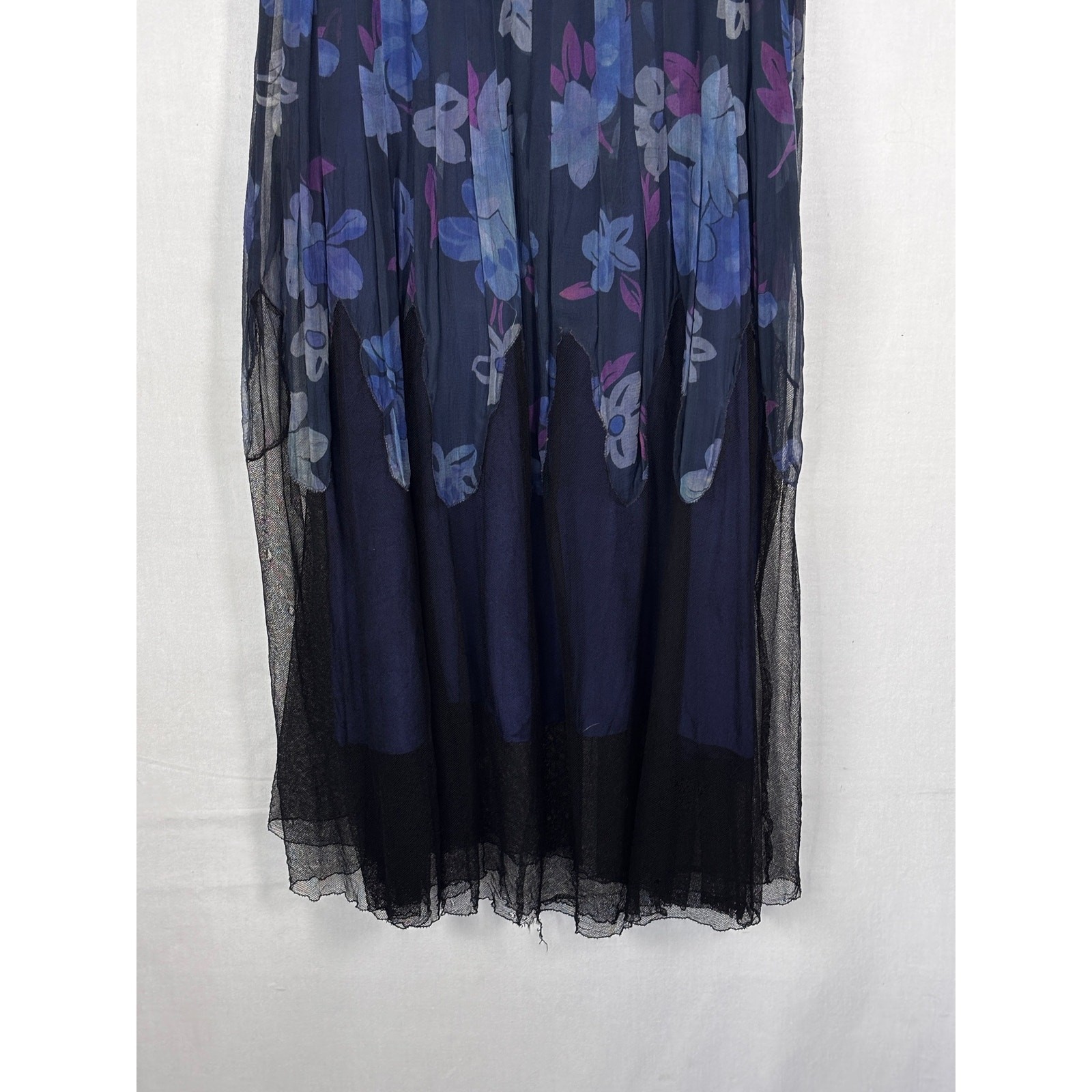 Antique 1920s Navy Floral Silk Dress Flapper Era Flutter Sleeve Drop Waist