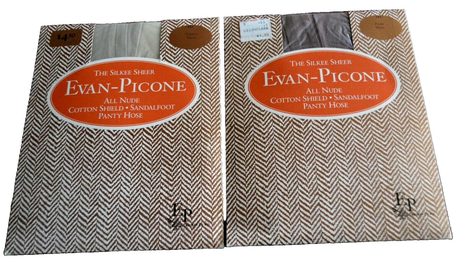 2 SMALL Vtg Evan-Picone Silkee Sheer Nylon Panty Hose Sandalfoot VANILLA & PUDDY