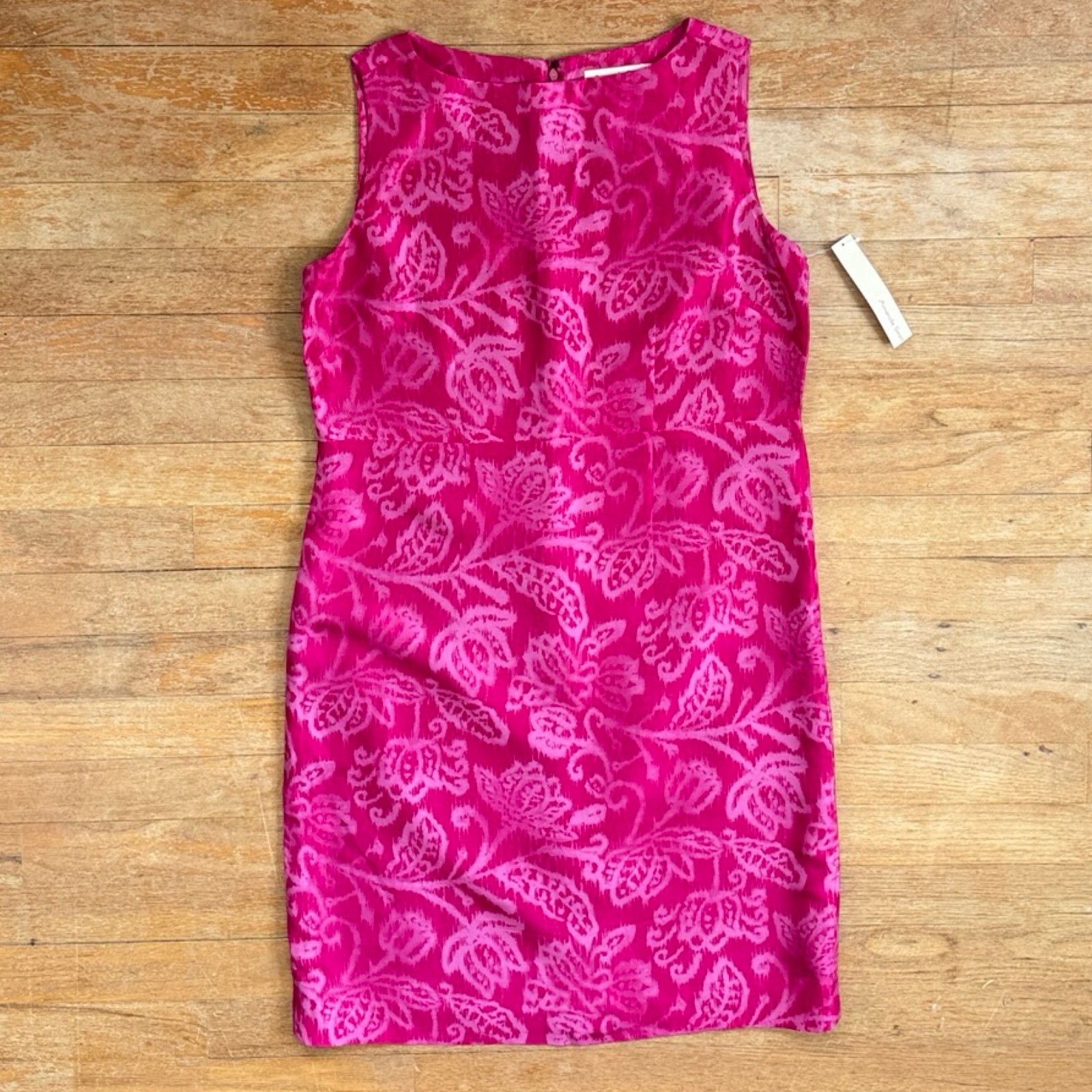 Vintage Floral Batik Print Silk Dress Size Small 90s Pink Dupioni Sleeveless