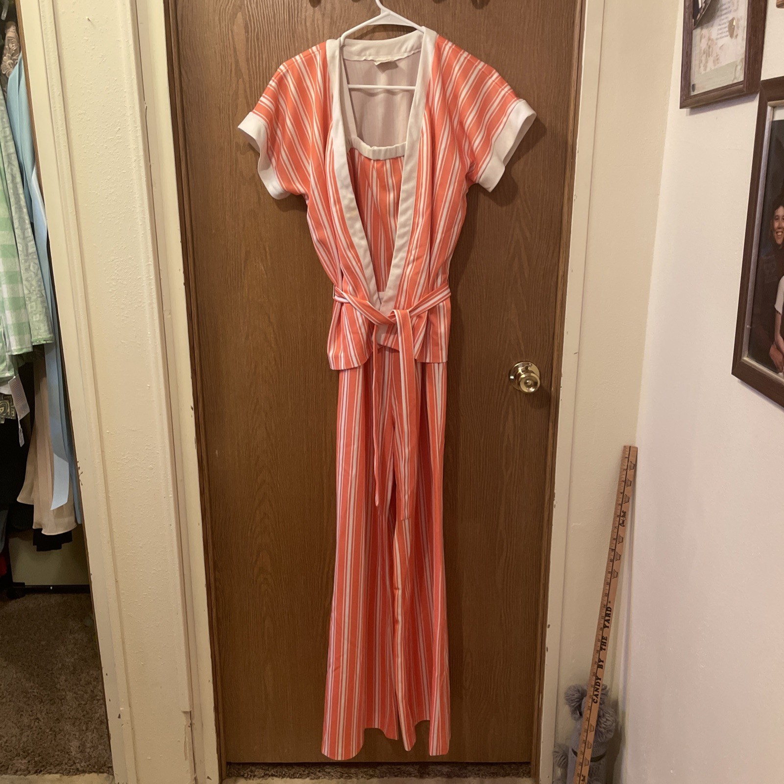 VTG Sue Gail Inc Cali. Jumpsuit W/Jacket/belt Orange/White Strip Knit Needs TLC