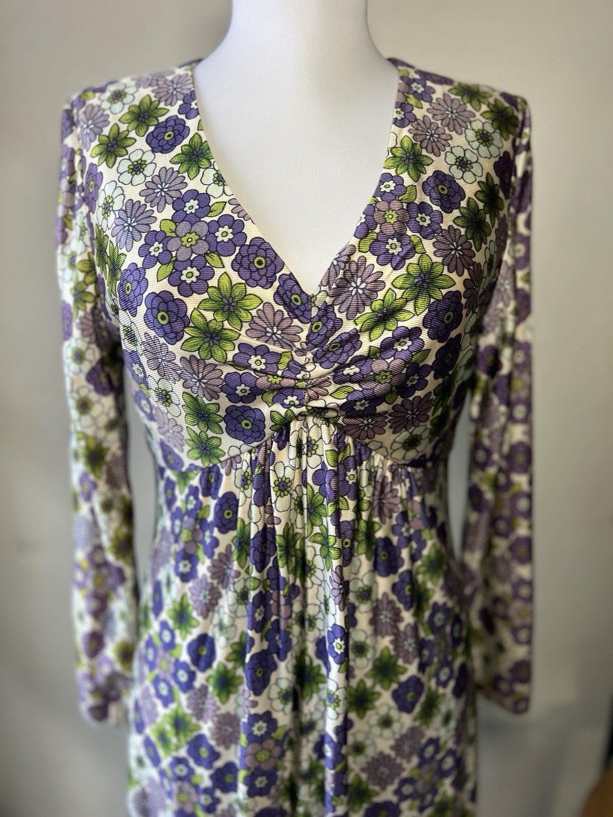 Vintage Empire Waist Maxi Dress Long Sleeve Floral Purple Green White 70s