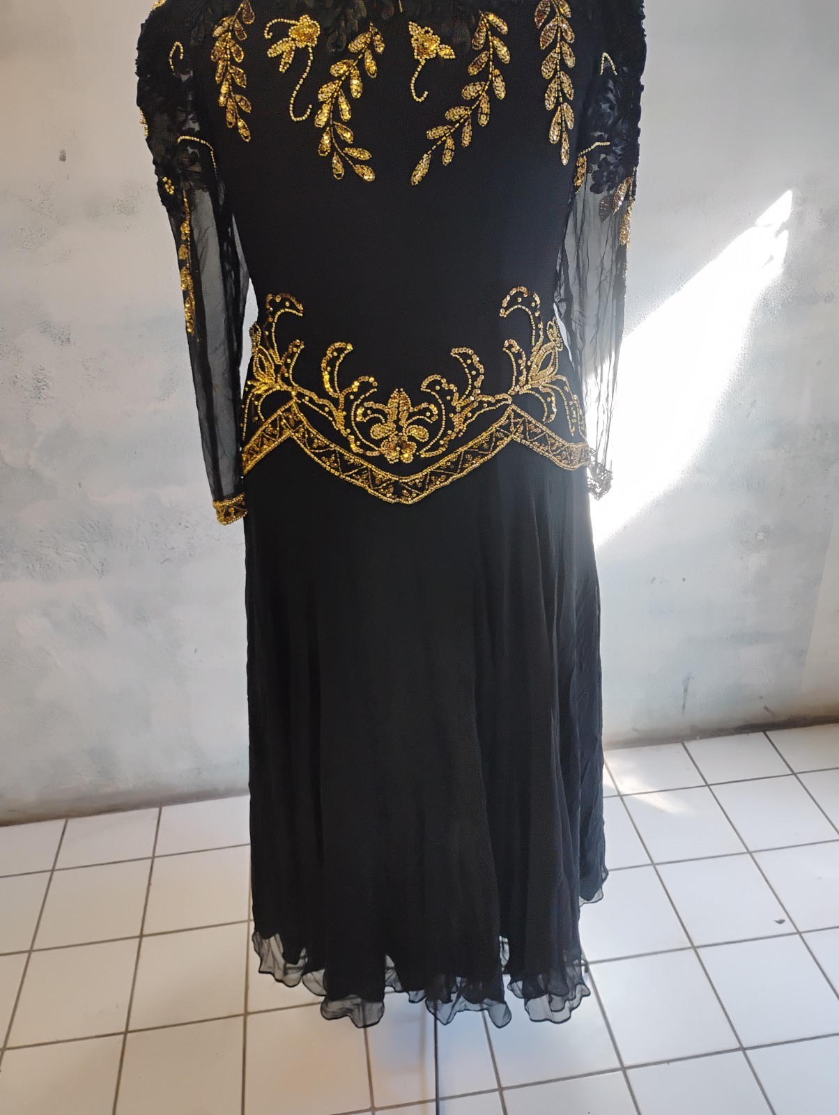 Isabella Gold Sequin Beaded Silk Evening Gown Formal Glam Rock Luxury Sz 20