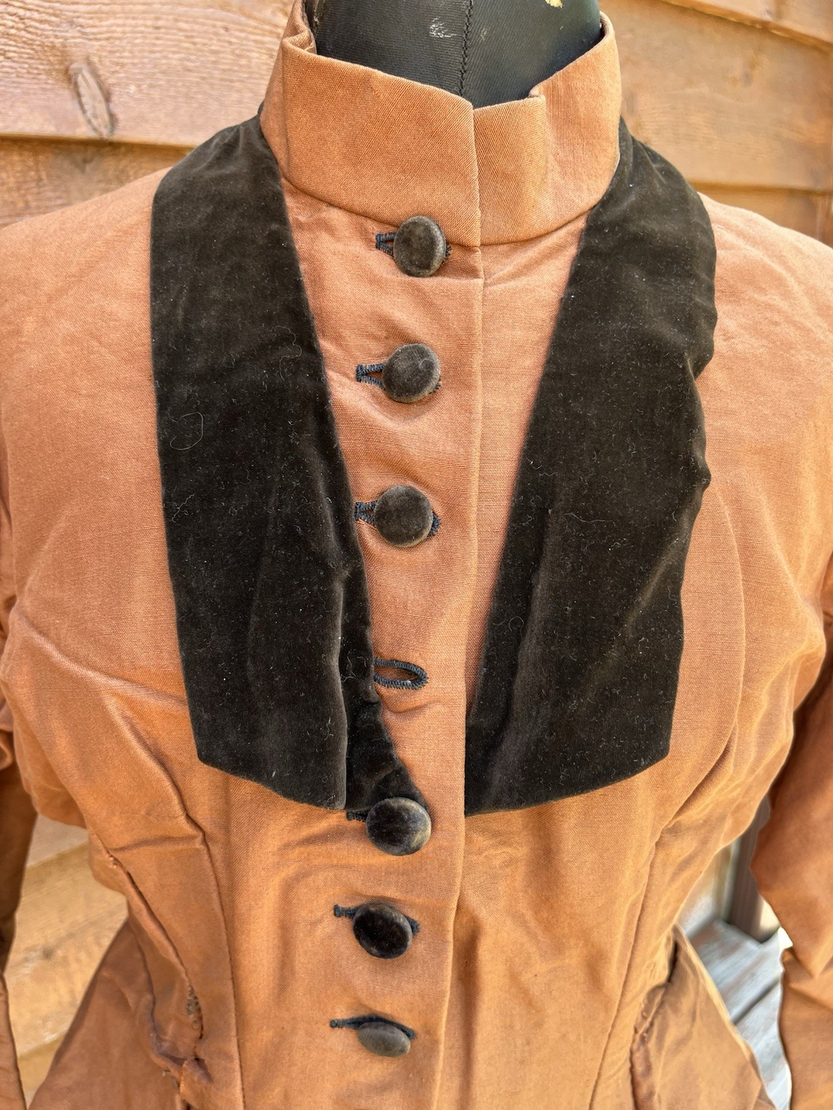 Victorian Brown Ladies Fitted Jacket, Velvet Lapels, Cuffs, Buttons