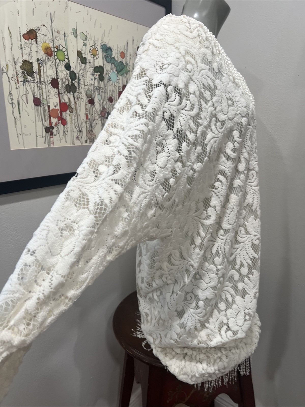 Vintage Sandro Boca Raton Lined Crochet lace Off White Drop Waist. Fringed. M?