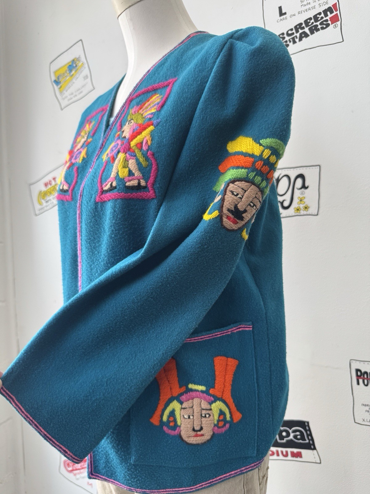 Vintage Lab Mex Mexican Souvenir Jacket Sz M Folk Art Embroidered Wool 50s