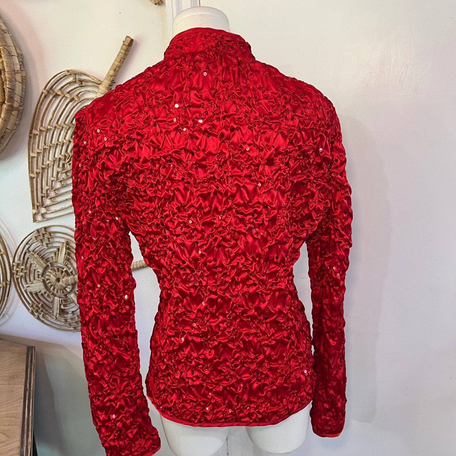 Vintage J.B.S. Ltd Red Ruched Beaded Sequin Zip Up Jacket Party Glam Y2K Small
